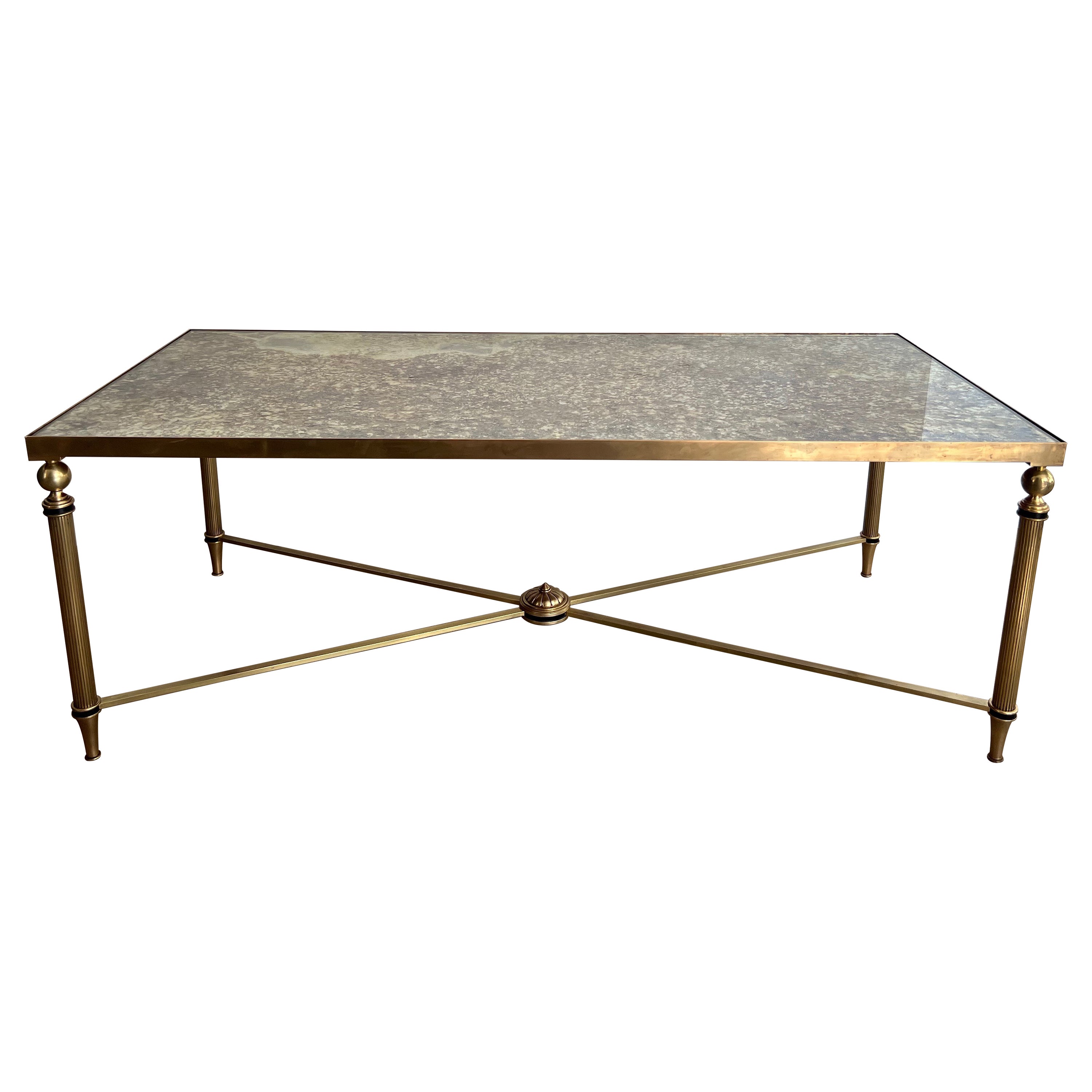 Neoclassical Style Brass Coffee Table with Eglomised Mirror top by Maison Jansen