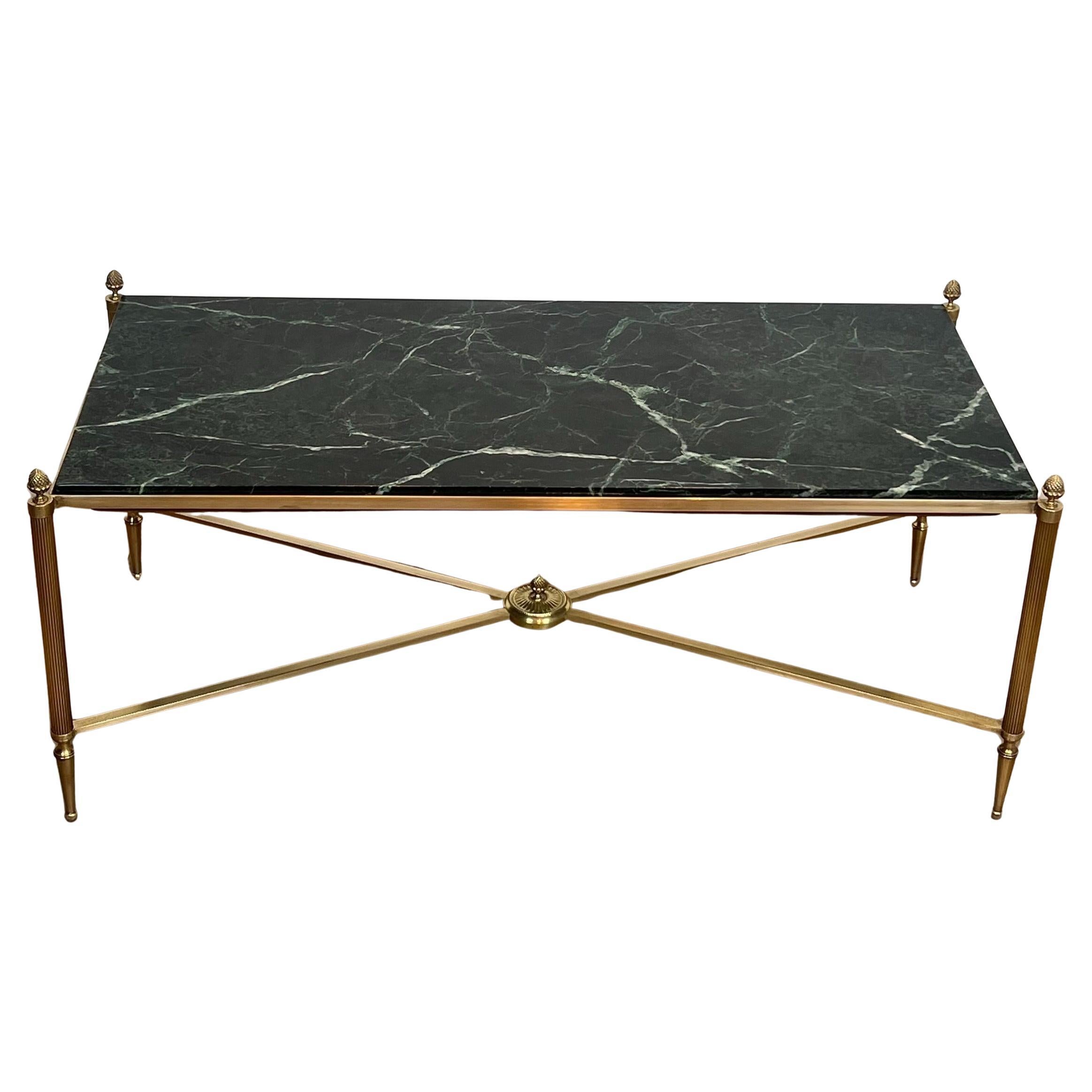 Neoclassical Style Brass Coffee Table with Green Marble Top by Maison Jansen For Sale