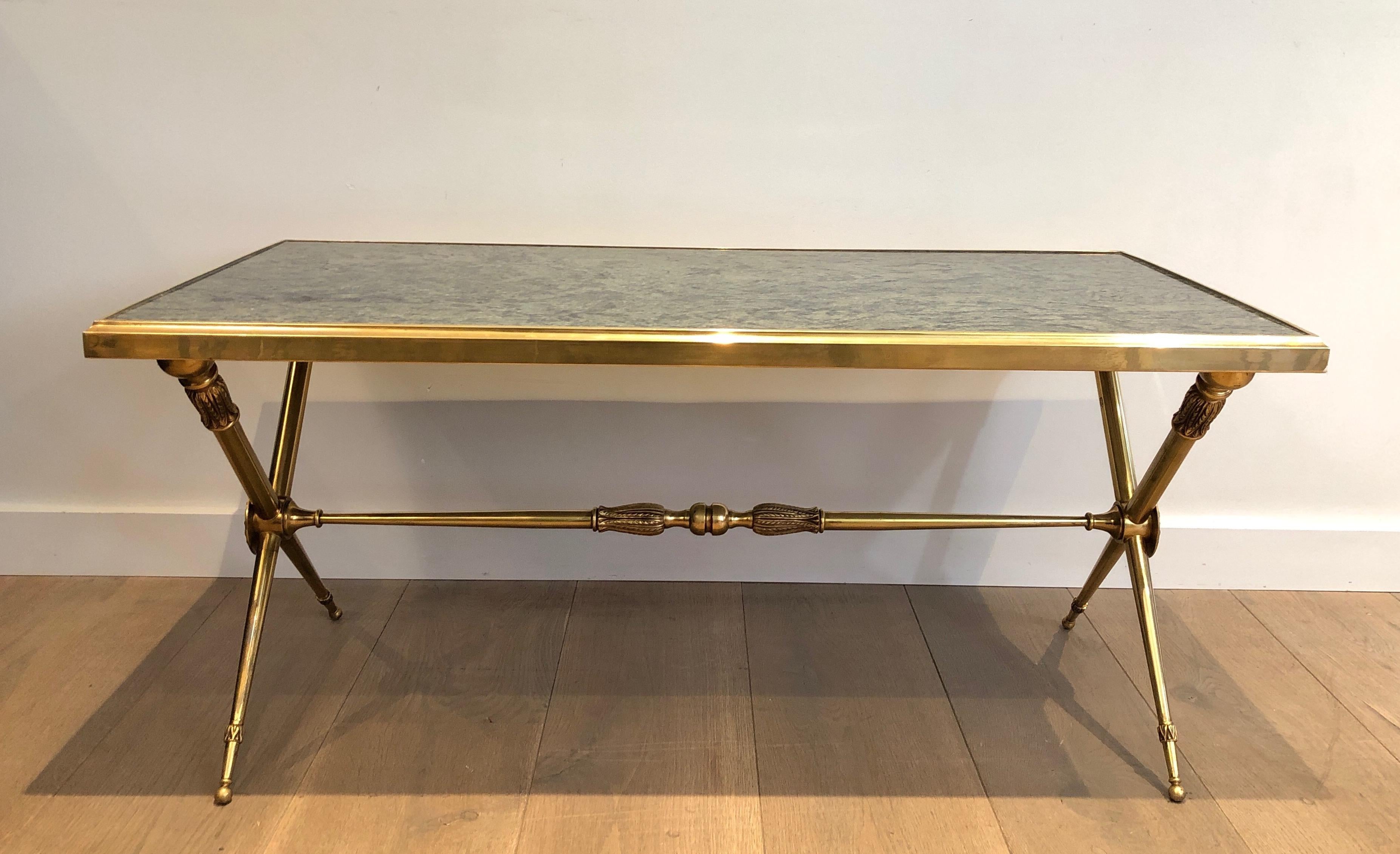 Neoclassical Style Brass Coffee Table with Marble Top in the Style Raymond Subes For Sale 7