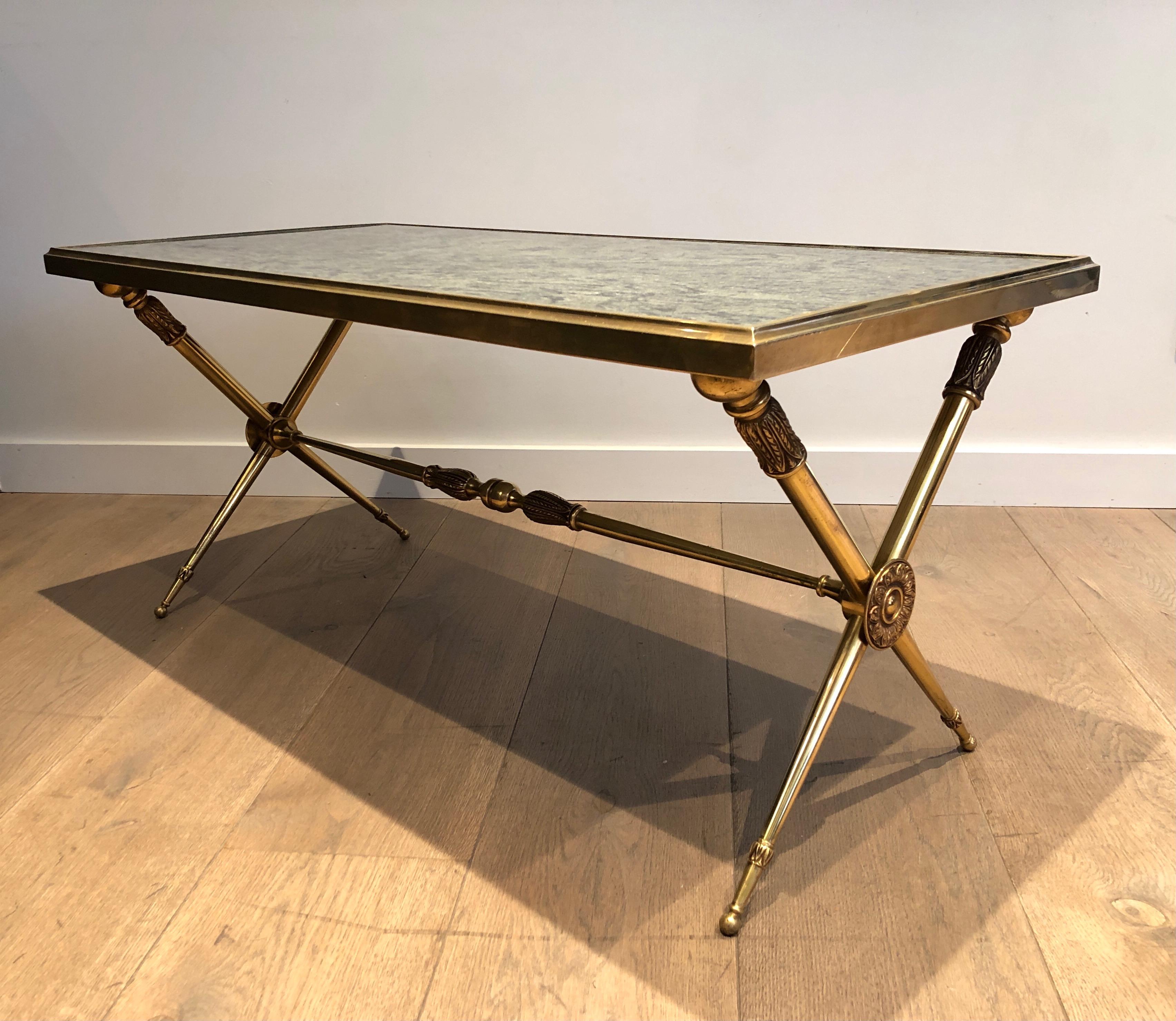 Neoclassical Style Brass Coffee Table with Marble Top in the Style Raymond Subes For Sale 8