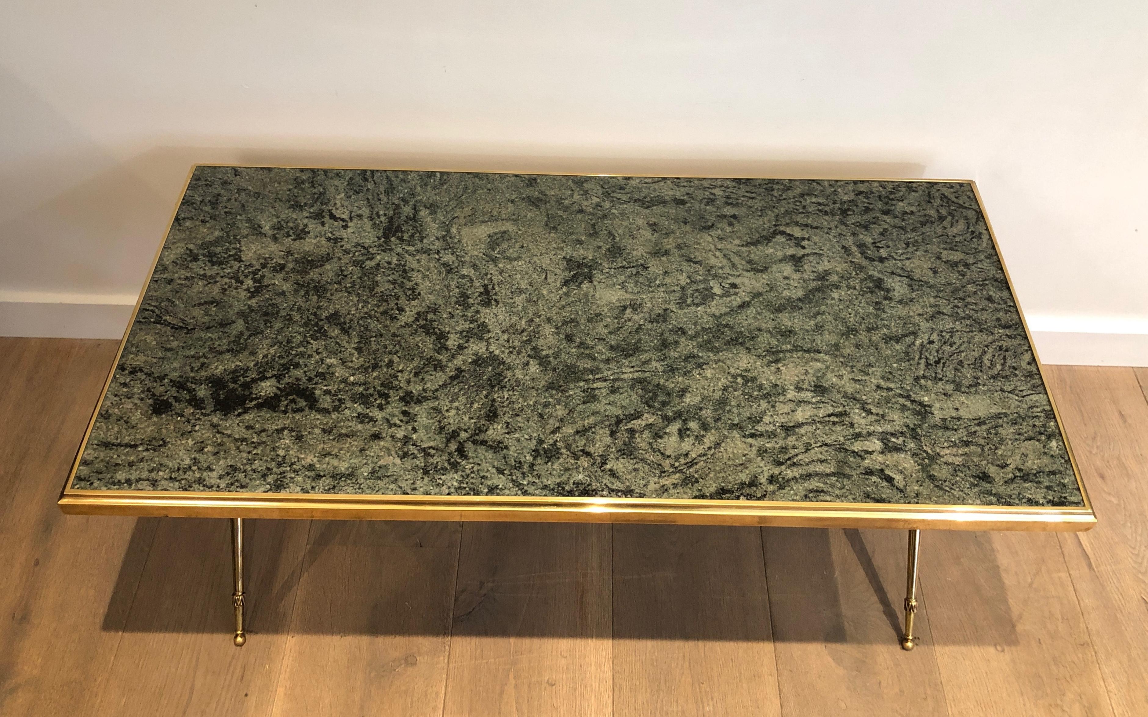 Neoclassical Style Brass Coffee Table with Marble Top in the Style Raymond Subes For Sale 9