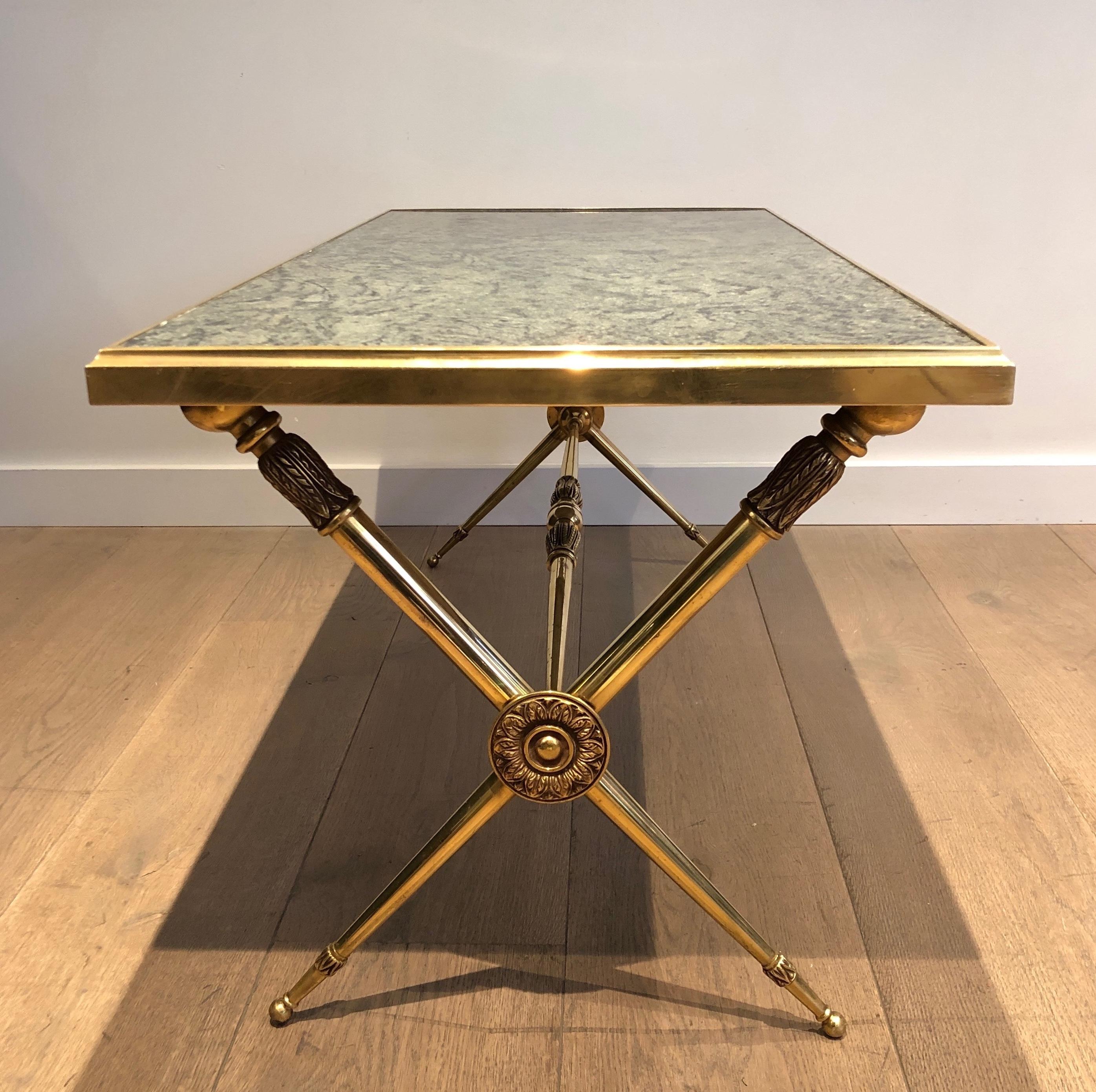 Neoclassical Style Brass Coffee Table with Marble Top in the Style Raymond Subes For Sale 11