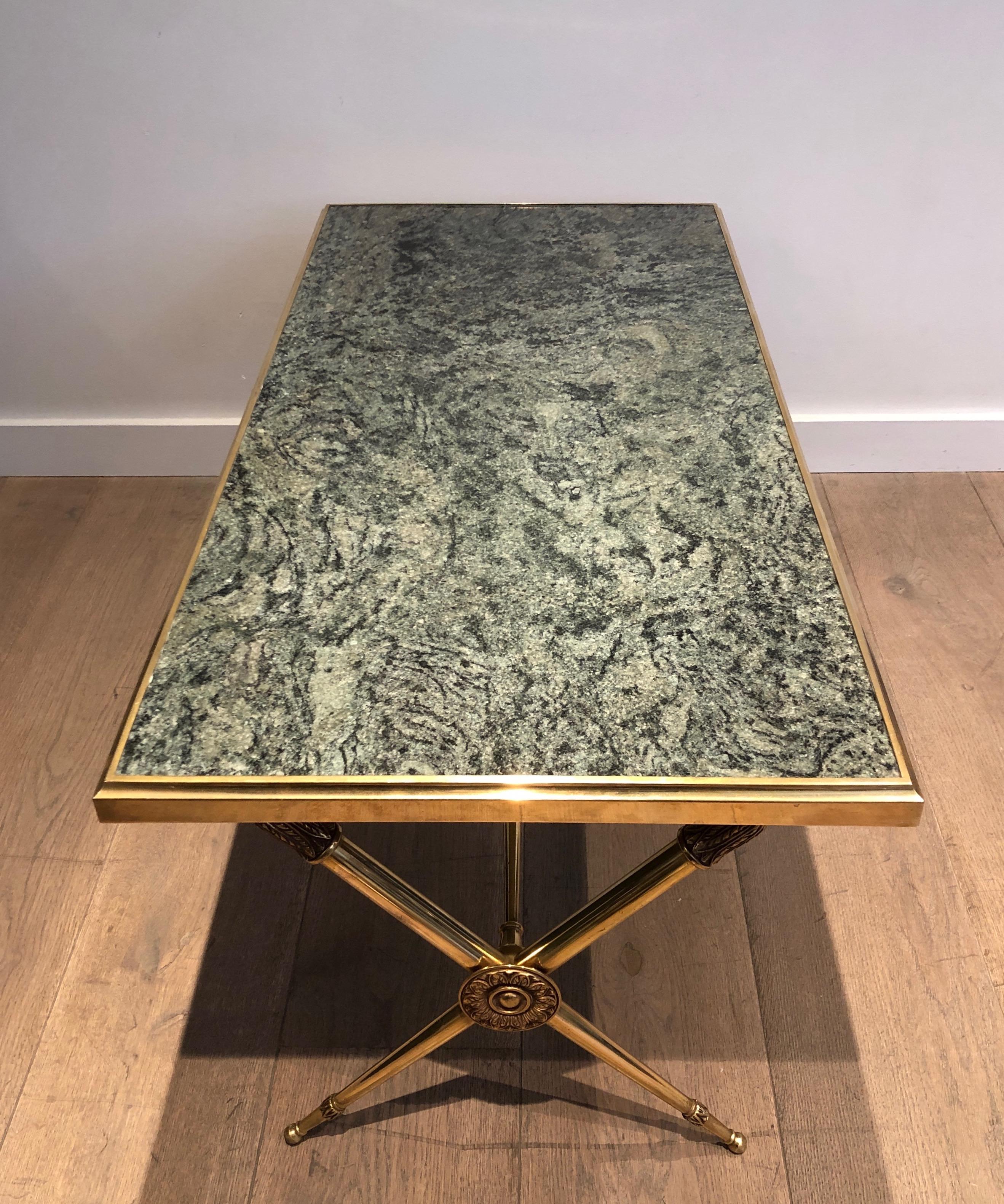Neoclassical Style Brass Coffee Table with Marble Top in the Style Raymond Subes For Sale 14