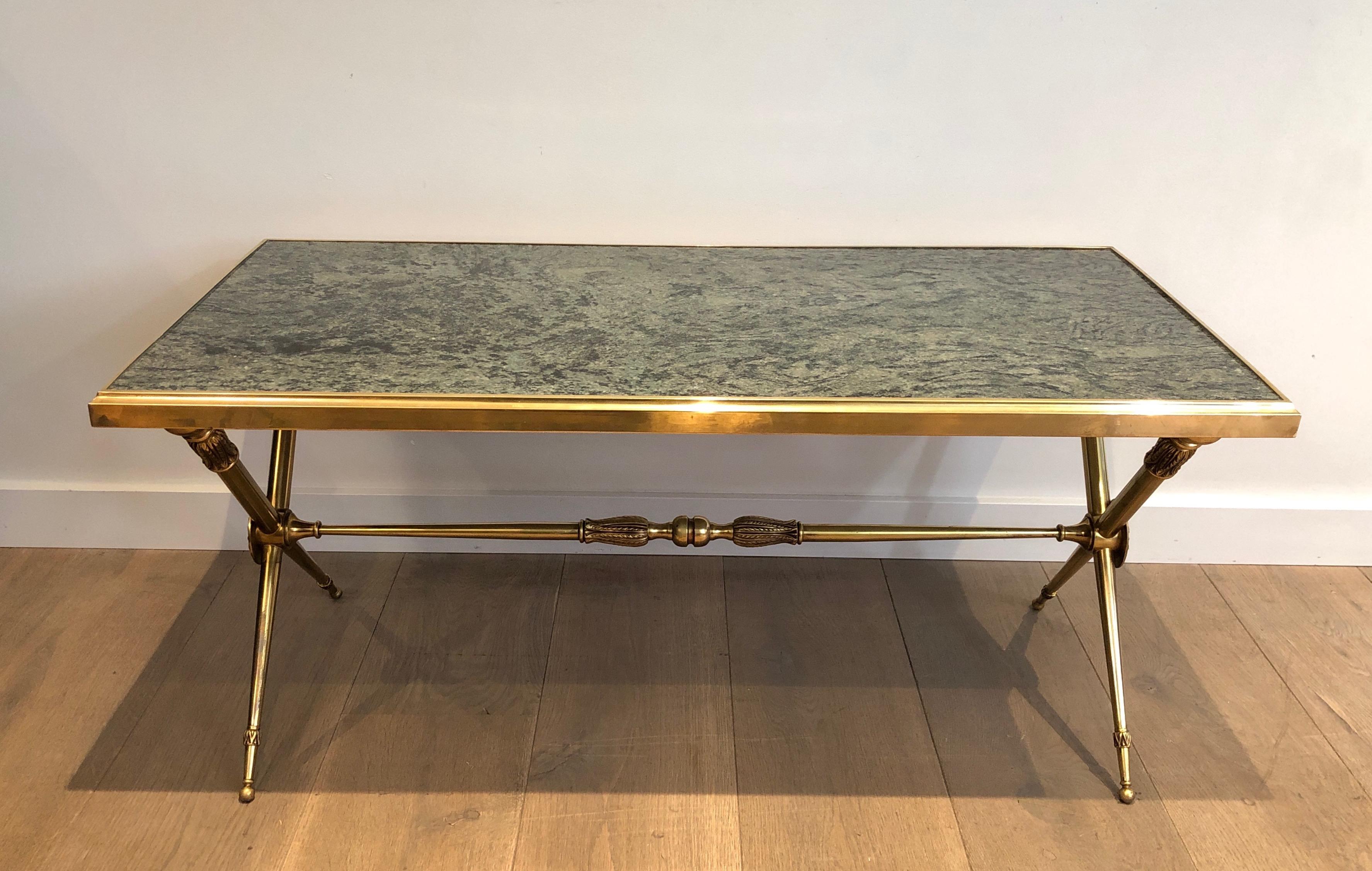 Neoclassical Style Brass Coffee Table with Marble Top in the Style Raymond Subes For Sale 15