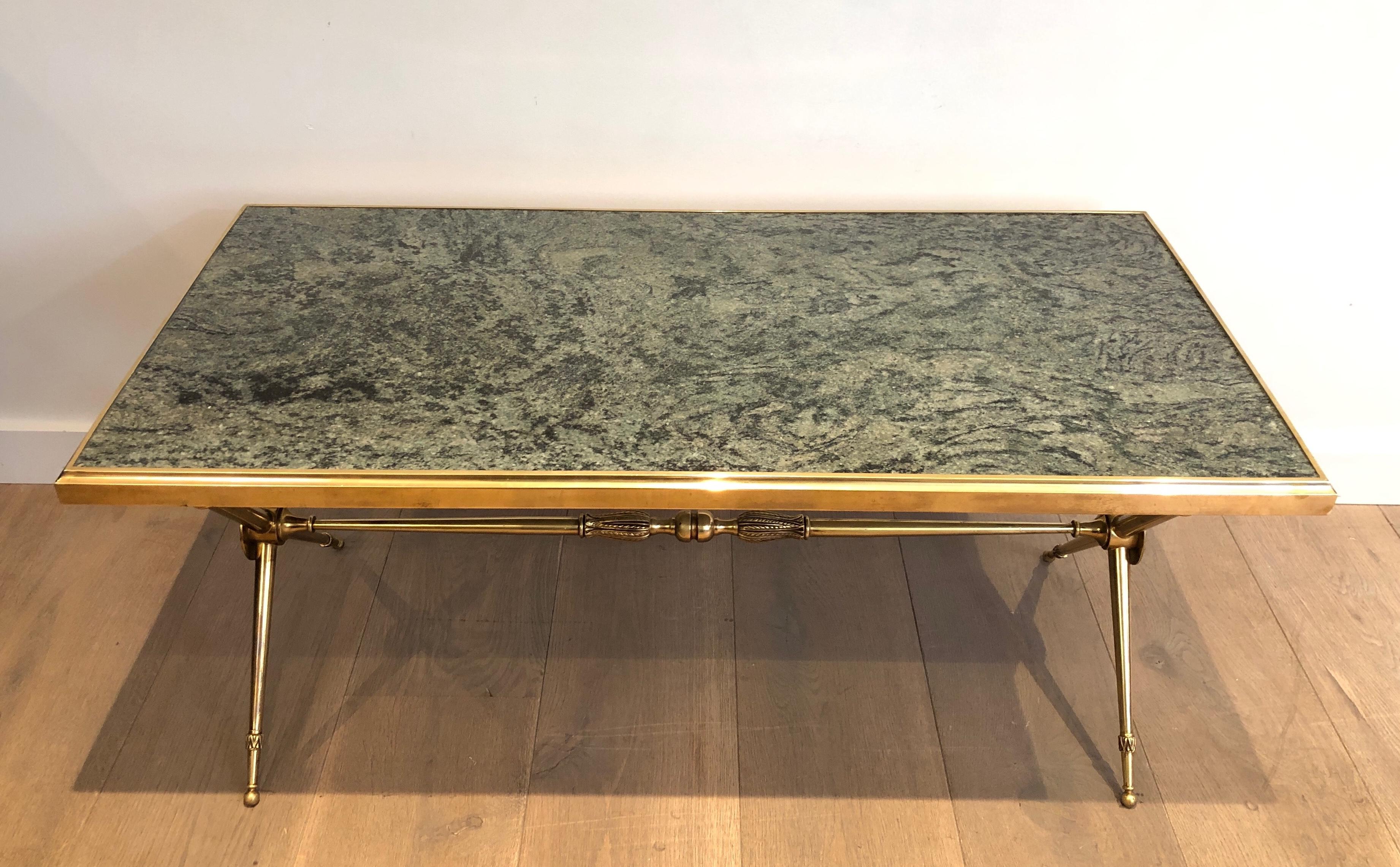 French Neoclassical Style Brass Coffee Table with Marble Top in the Style Raymond Subes For Sale