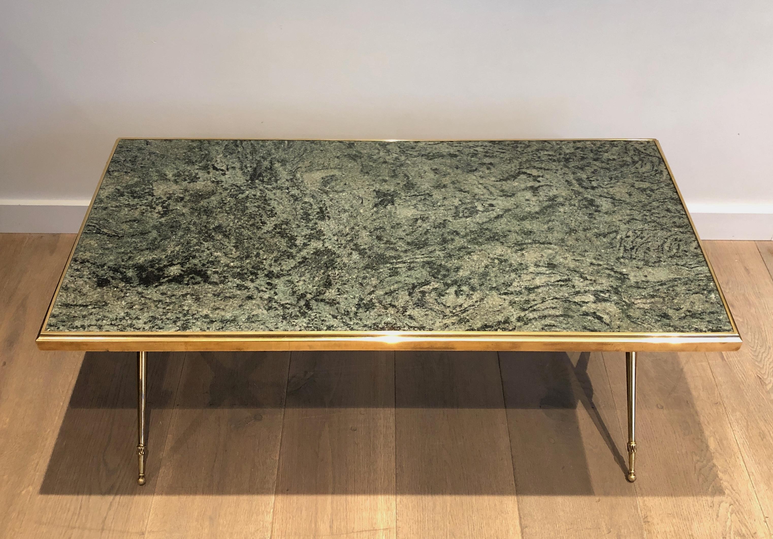 Neoclassical Style Brass Coffee Table with Marble Top in the Style Raymond Subes In Good Condition For Sale In Marcq-en-Barœul, Hauts-de-France