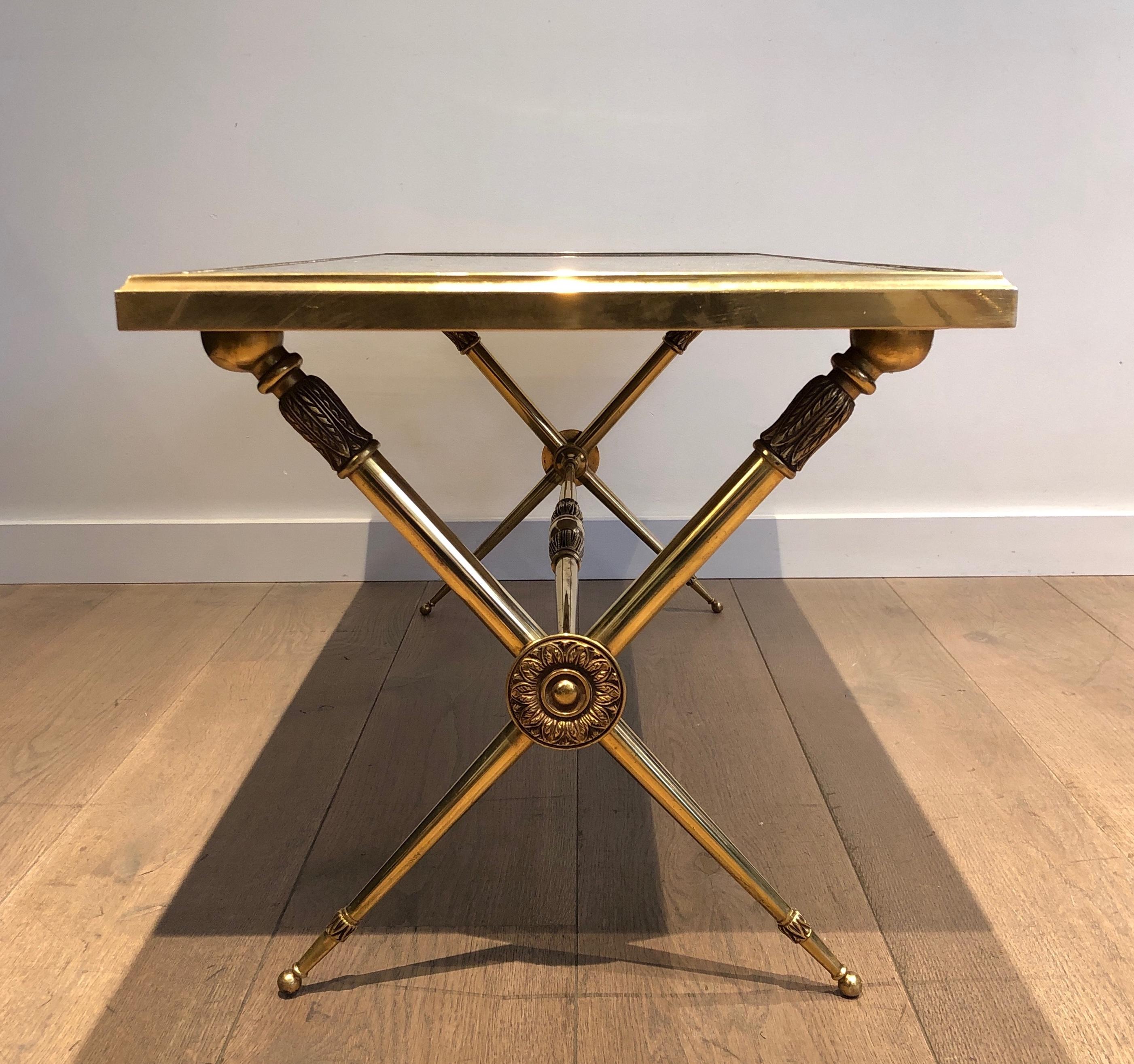 Neoclassical Style Brass Coffee Table with Marble Top in the Style Raymond Subes For Sale 1
