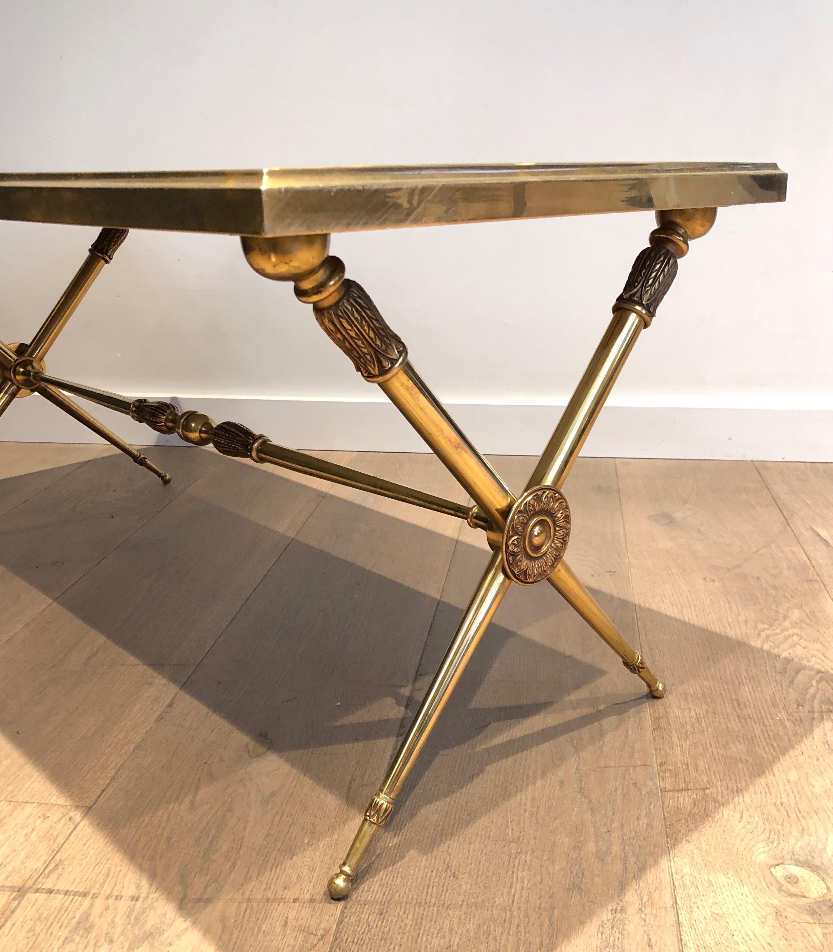 Neoclassical Style Brass Coffee Table with Marble Top in the Style Raymond Subes For Sale 2