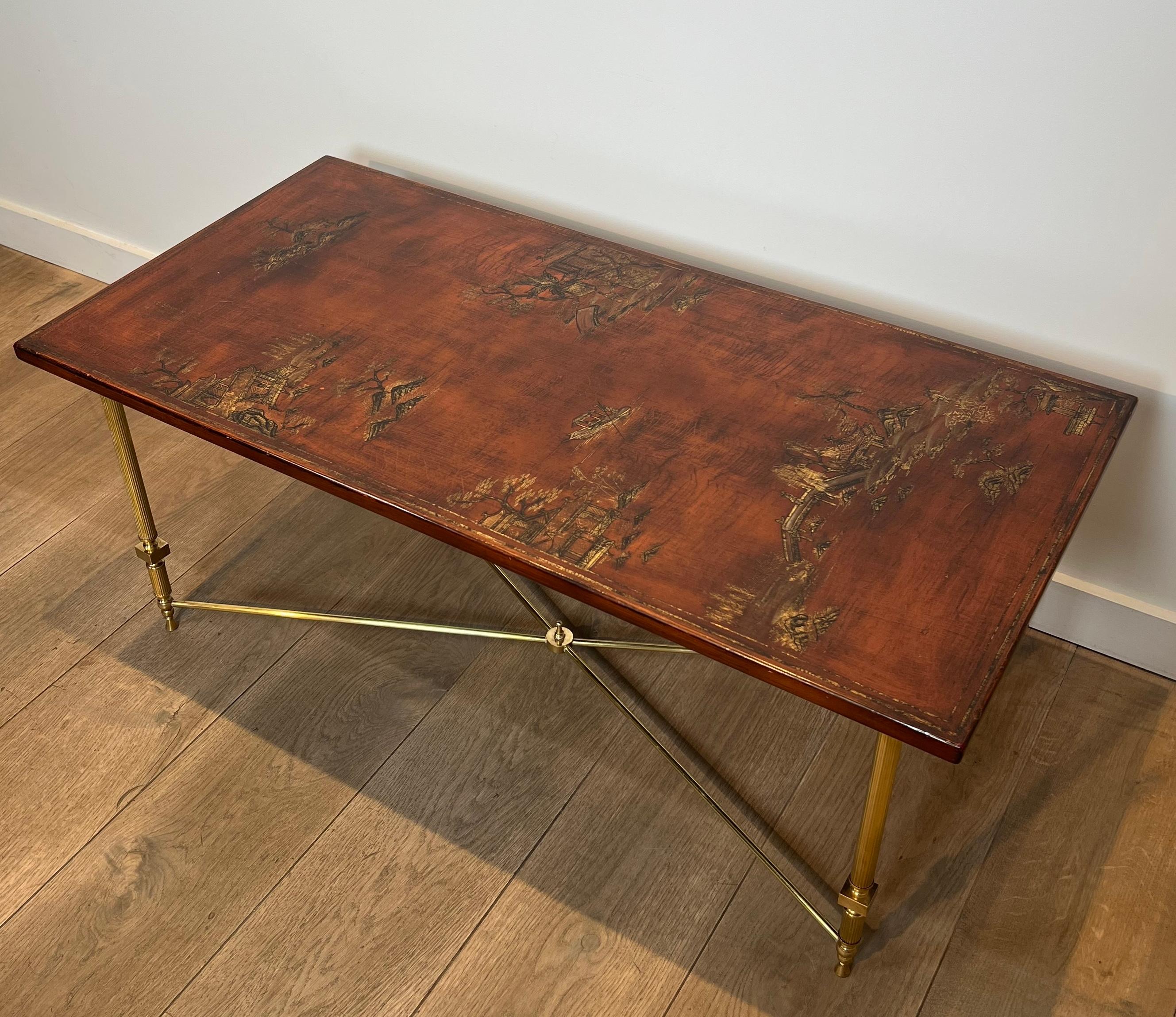 Neoclassical Style Brass Coffee Table with Wooden Lacquered Top Representing For Sale 7