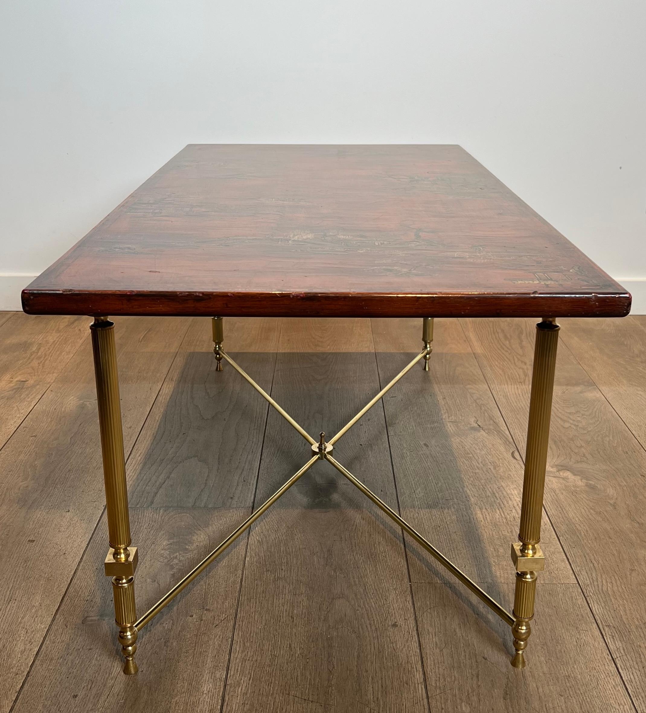 Neoclassical Style Brass Coffee Table with Wooden Lacquered Top Representing For Sale 8