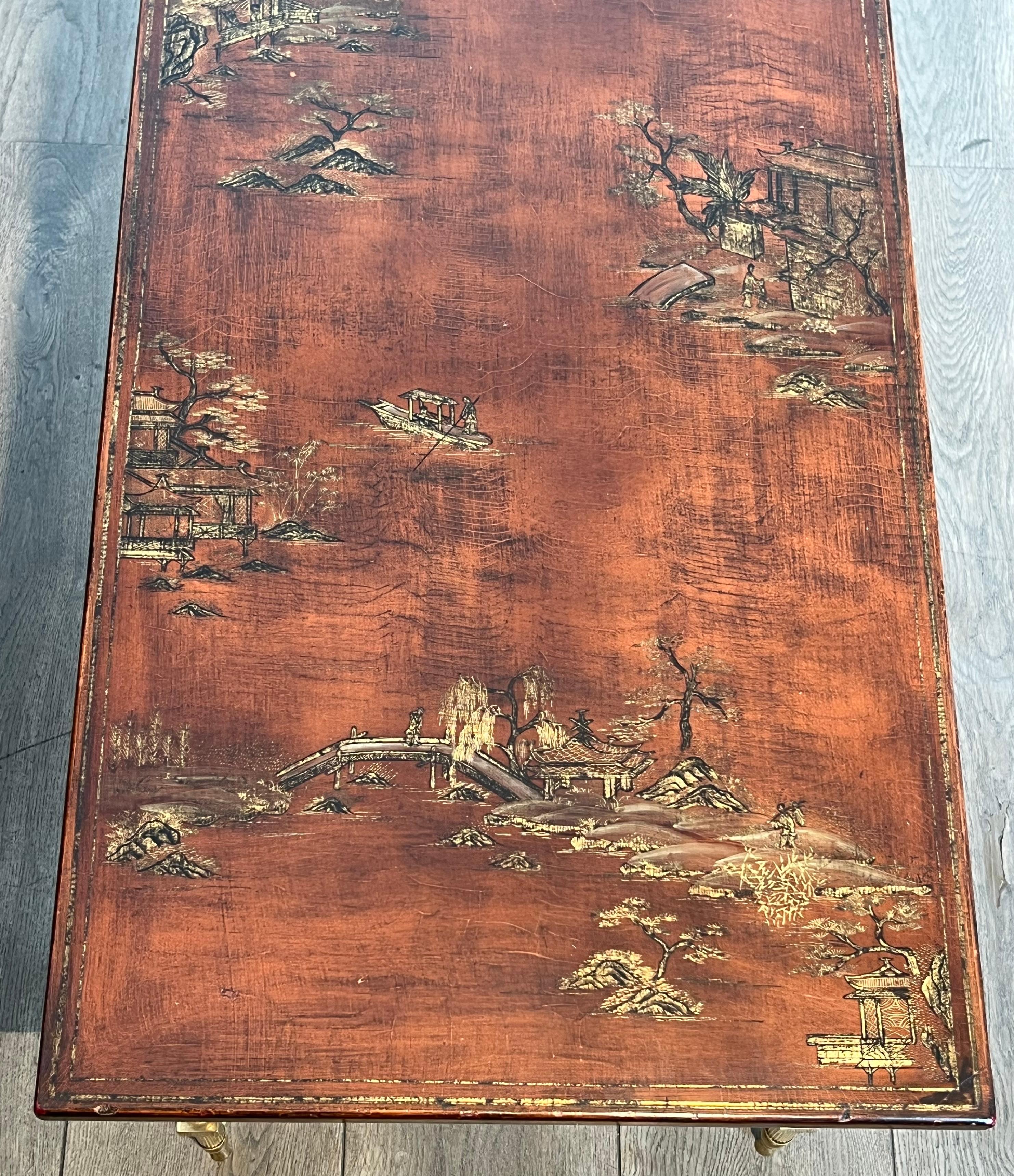 Neoclassical Style Brass Coffee Table with Wooden Lacquered Top Representing For Sale 10