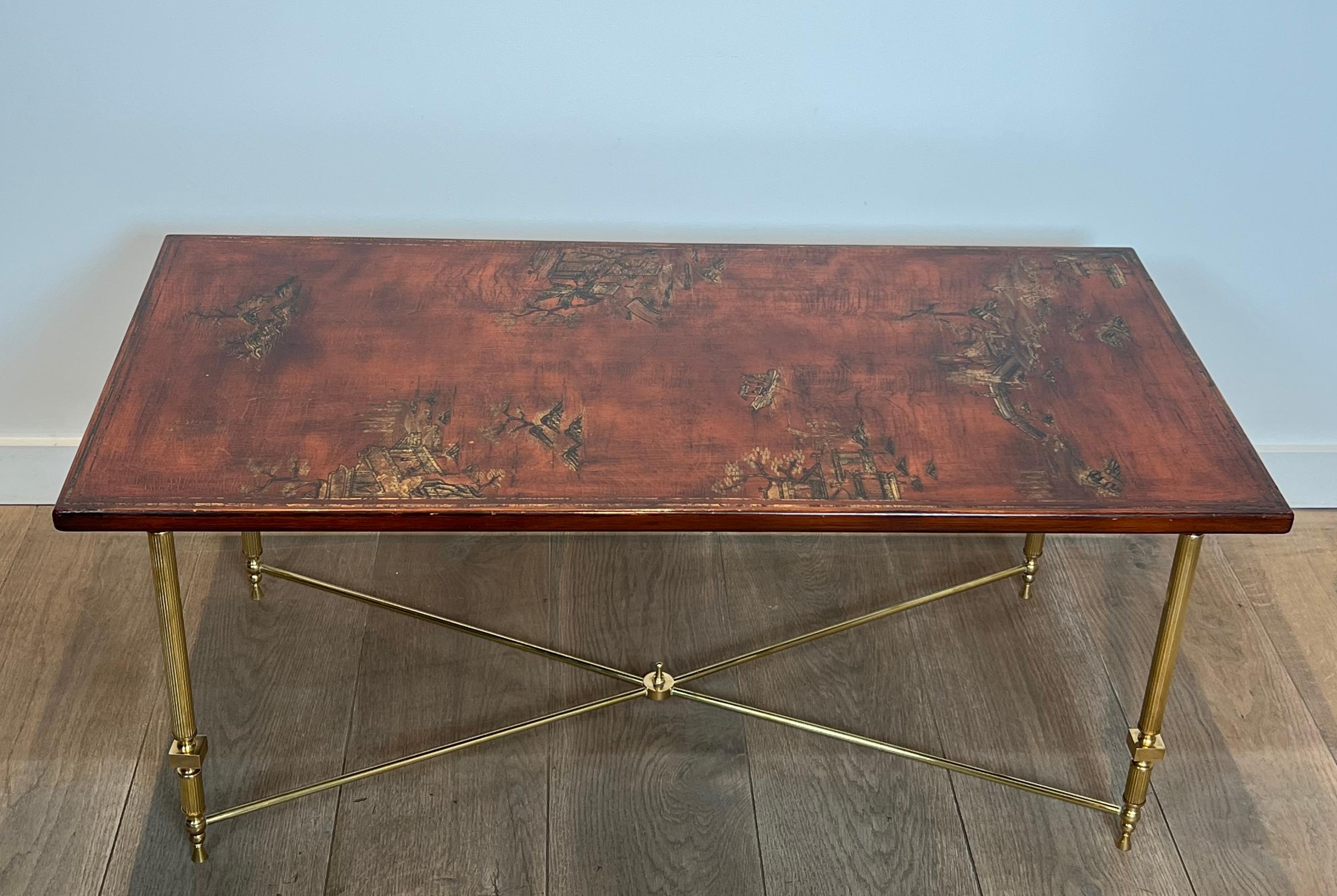 Neoclassical Style Brass Coffee Table with Wooden Lacquered Top Representing For Sale 15