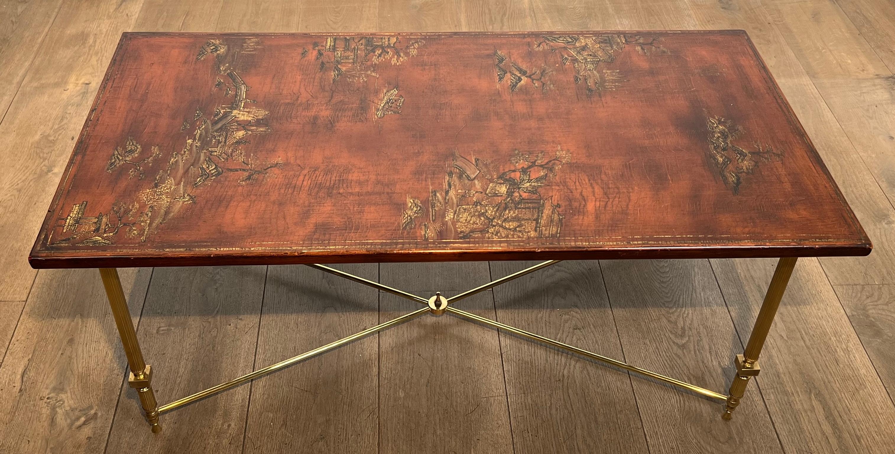 French Neoclassical Style Brass Coffee Table with Wooden Lacquered Top Representing For Sale