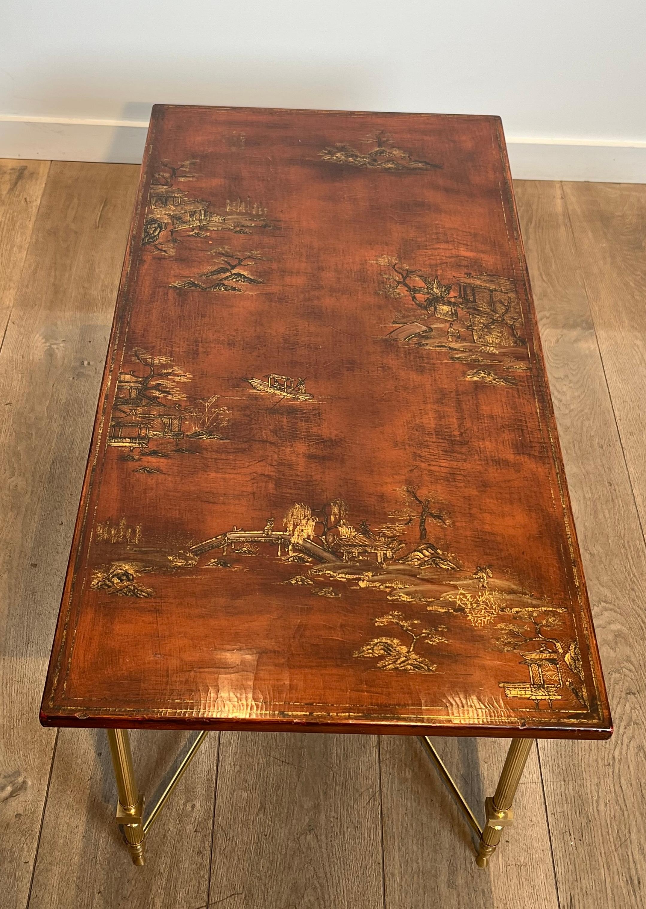 Mid-20th Century Neoclassical Style Brass Coffee Table with Wooden Lacquered Top Representing For Sale