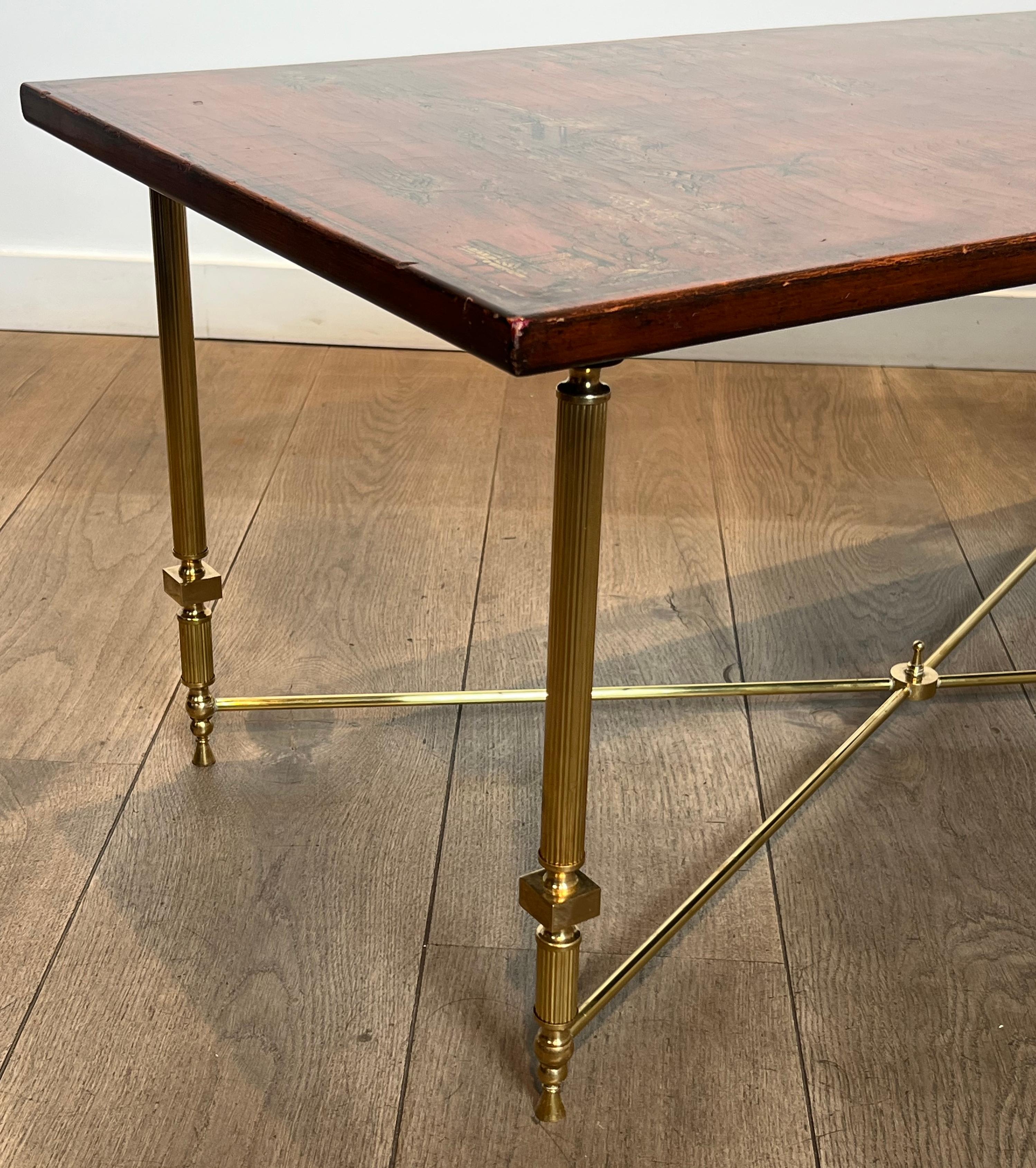 Neoclassical Style Brass Coffee Table with Wooden Lacquered Top Representing For Sale 2