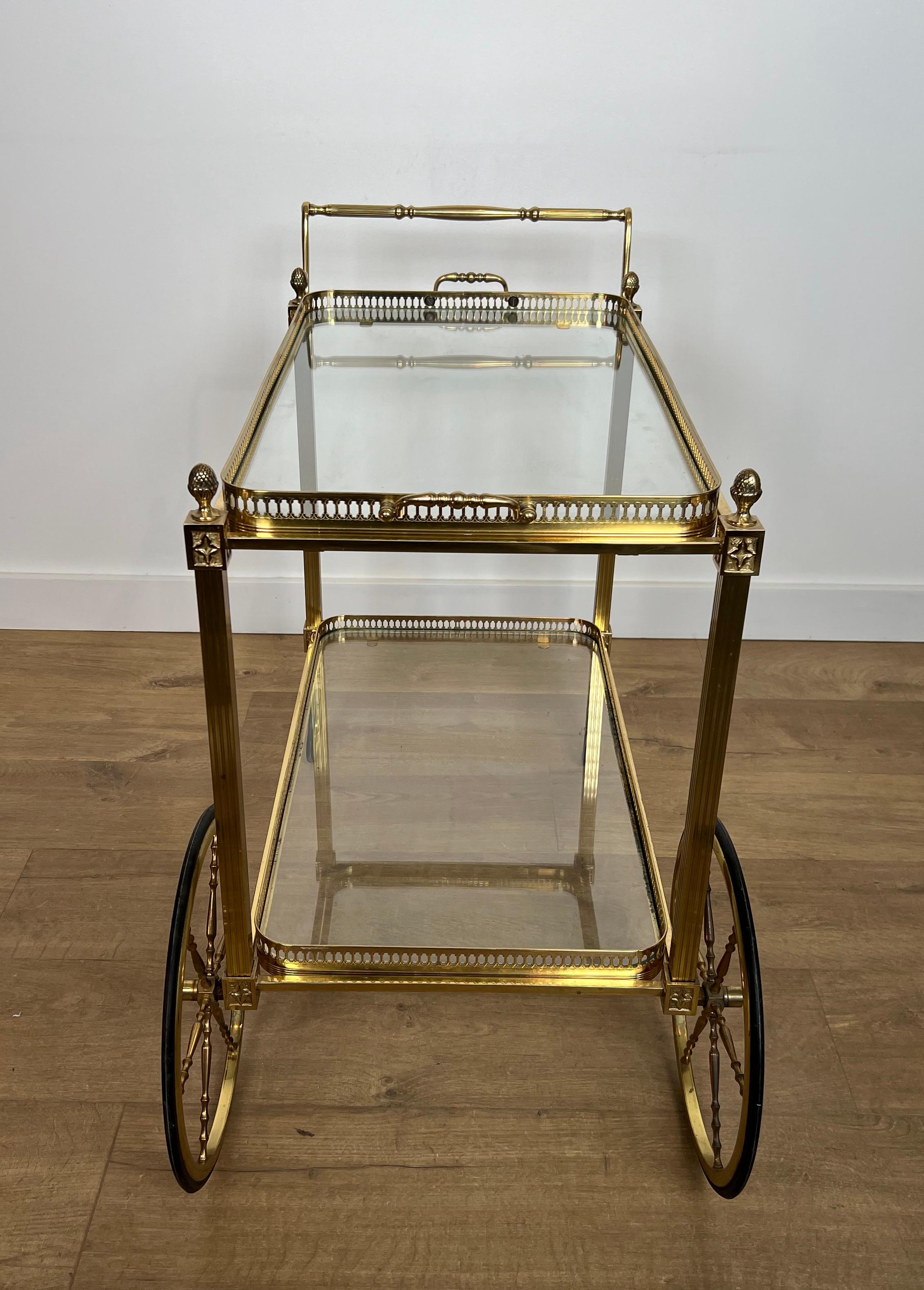 Mid-20th Century Neoclassical Style Brass Drinks Trolley with Lily Flowers. Maison Baguès.