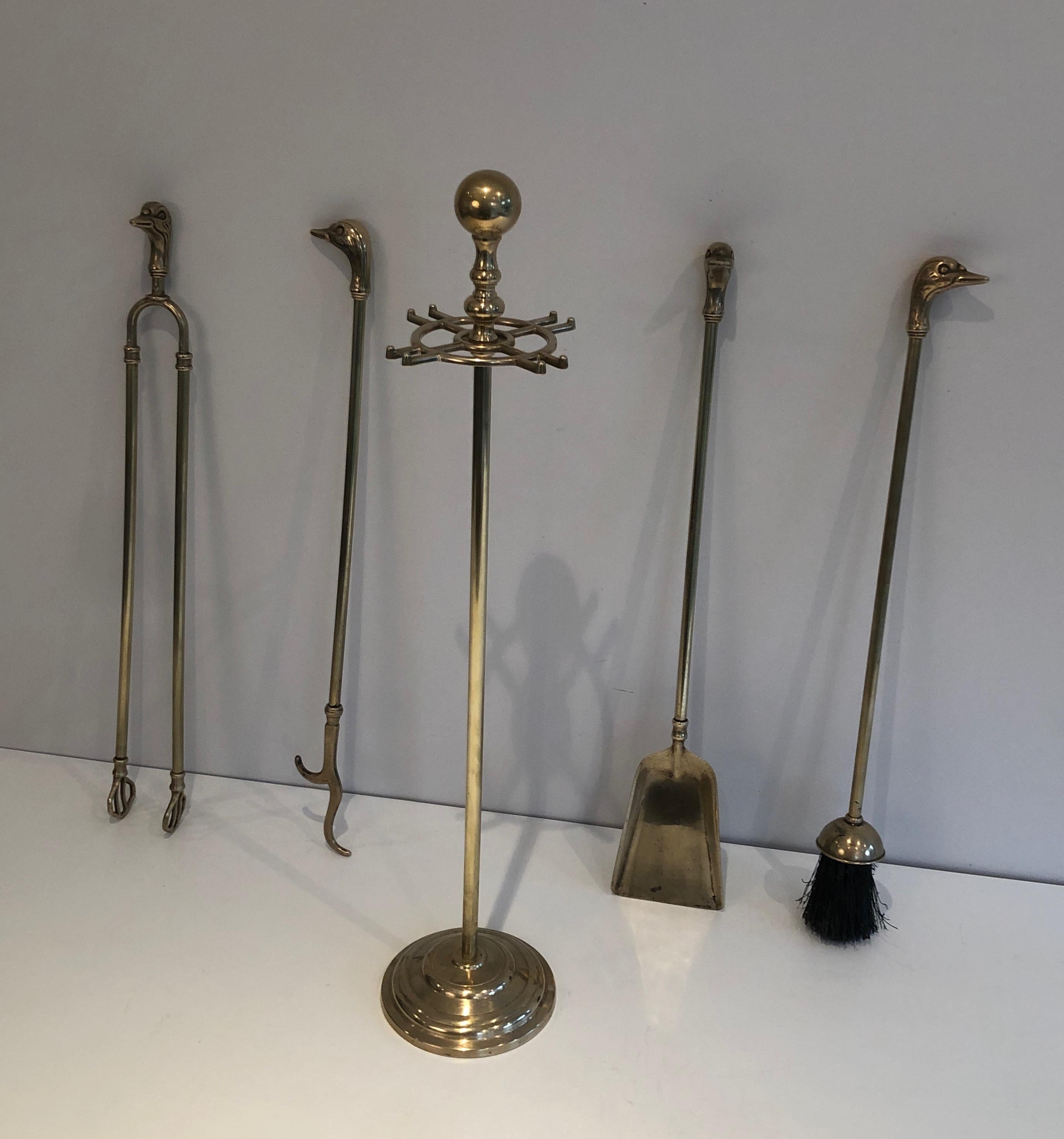 Neoclassical Style Brass Duck Heads Fireplace Tools, French, circa 1970 7