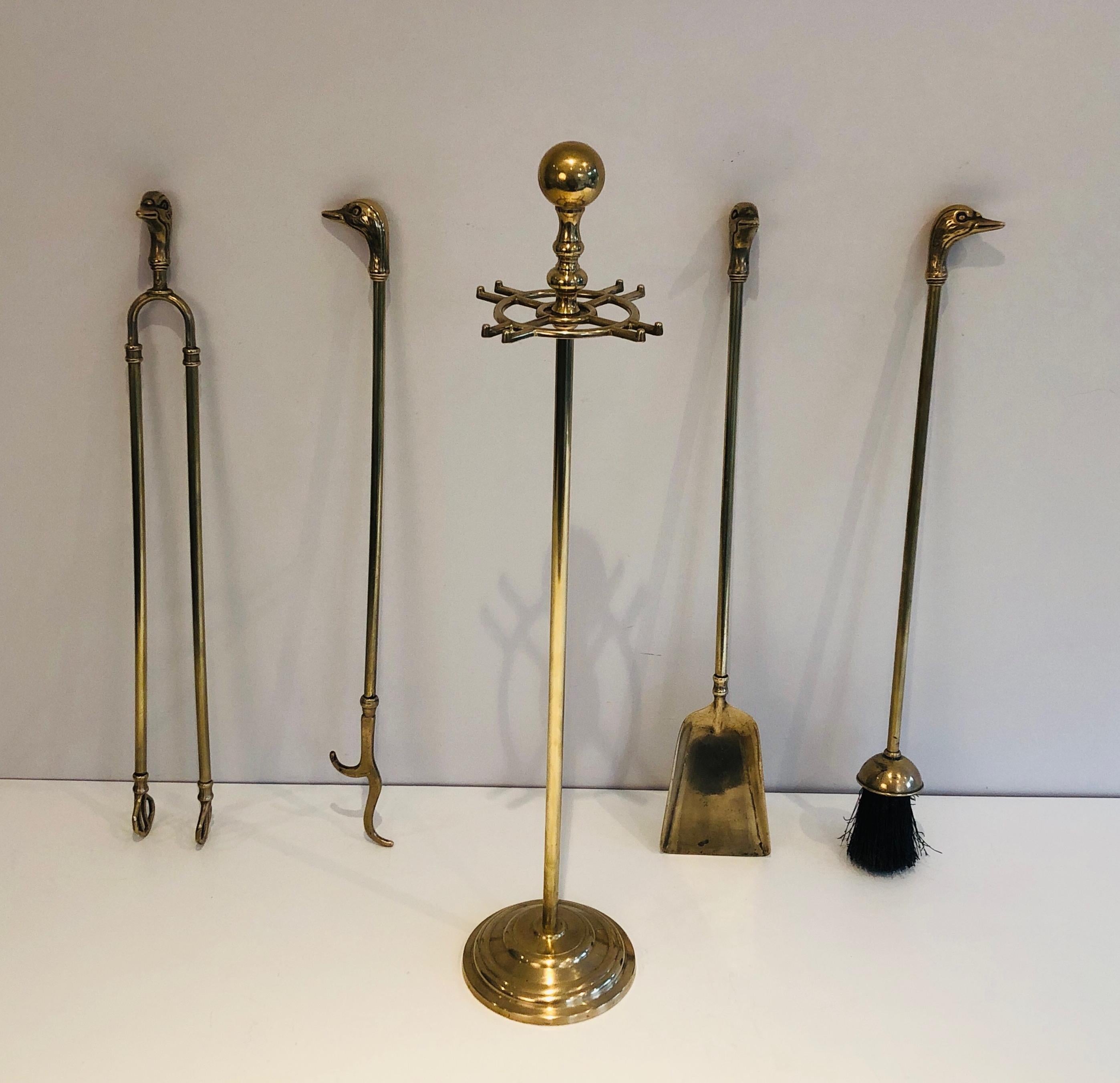 Neoclassical Style Brass Duck Heads Fireplace Tools, French, circa 1970 8