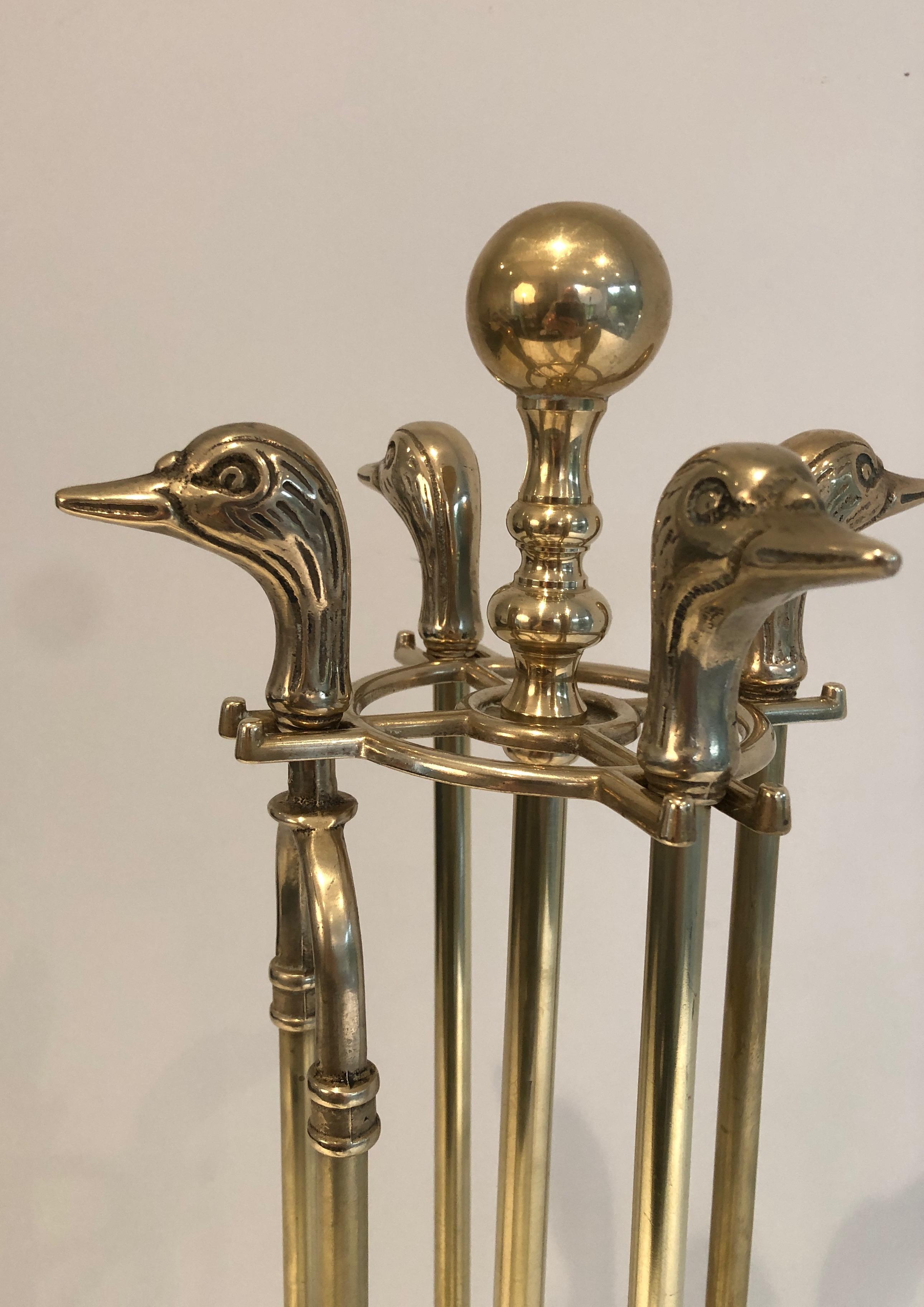 Neoclassical Style Brass Duck Heads Fireplace Tools, French, circa 1970 10