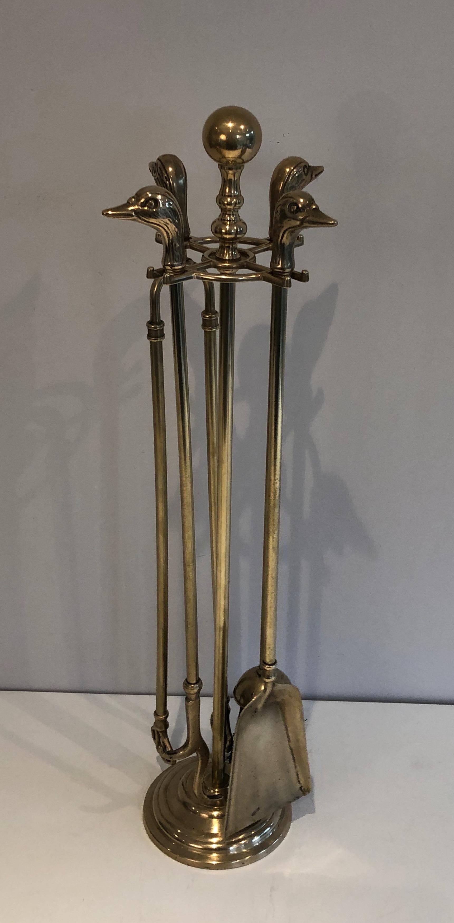 Neoclassical Style Brass Duck Heads Fireplace Tools, French, circa 1970 For Sale 15