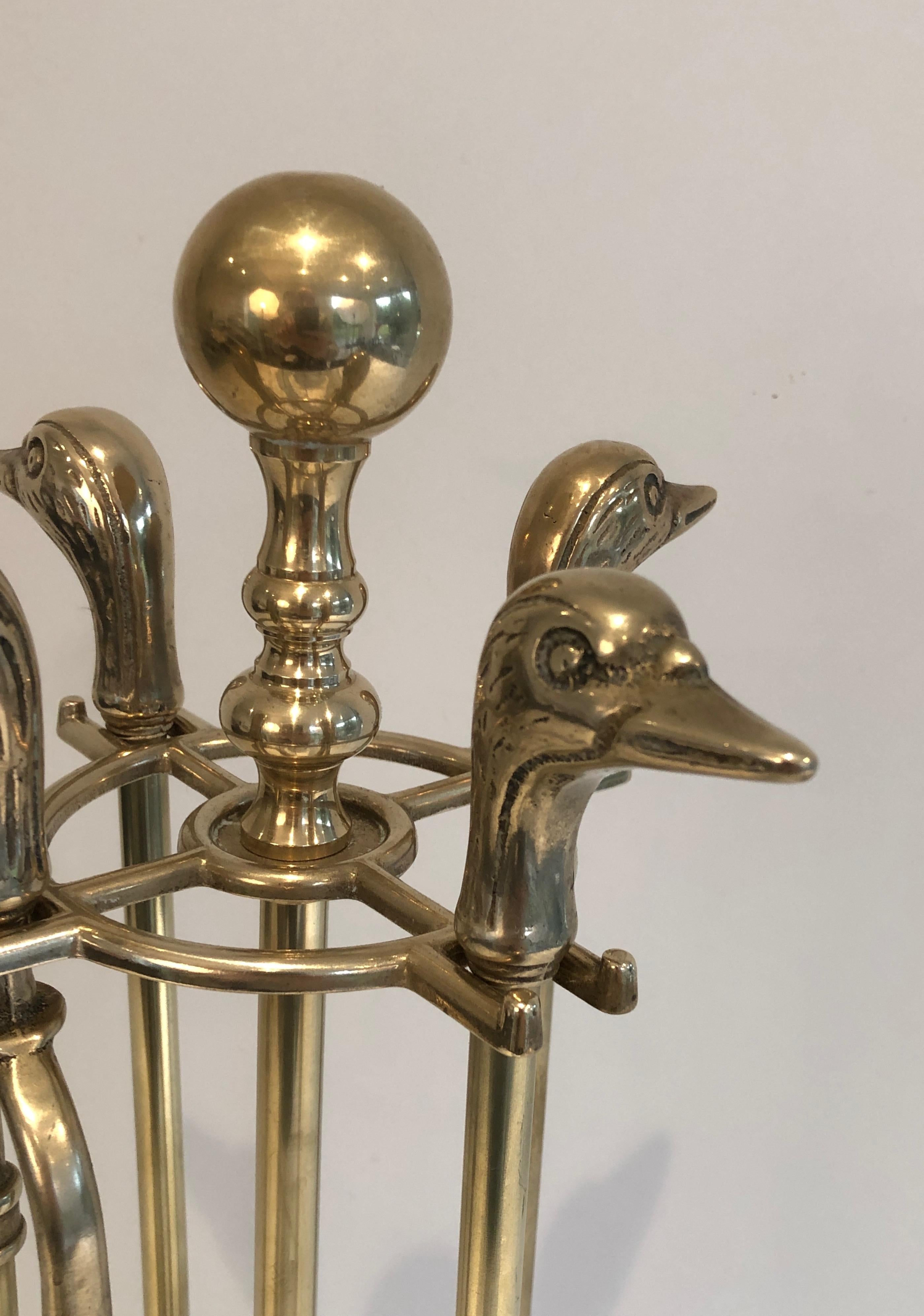Neoclassical Style Brass Duck Heads Fireplace Tools, French, circa 1970 13