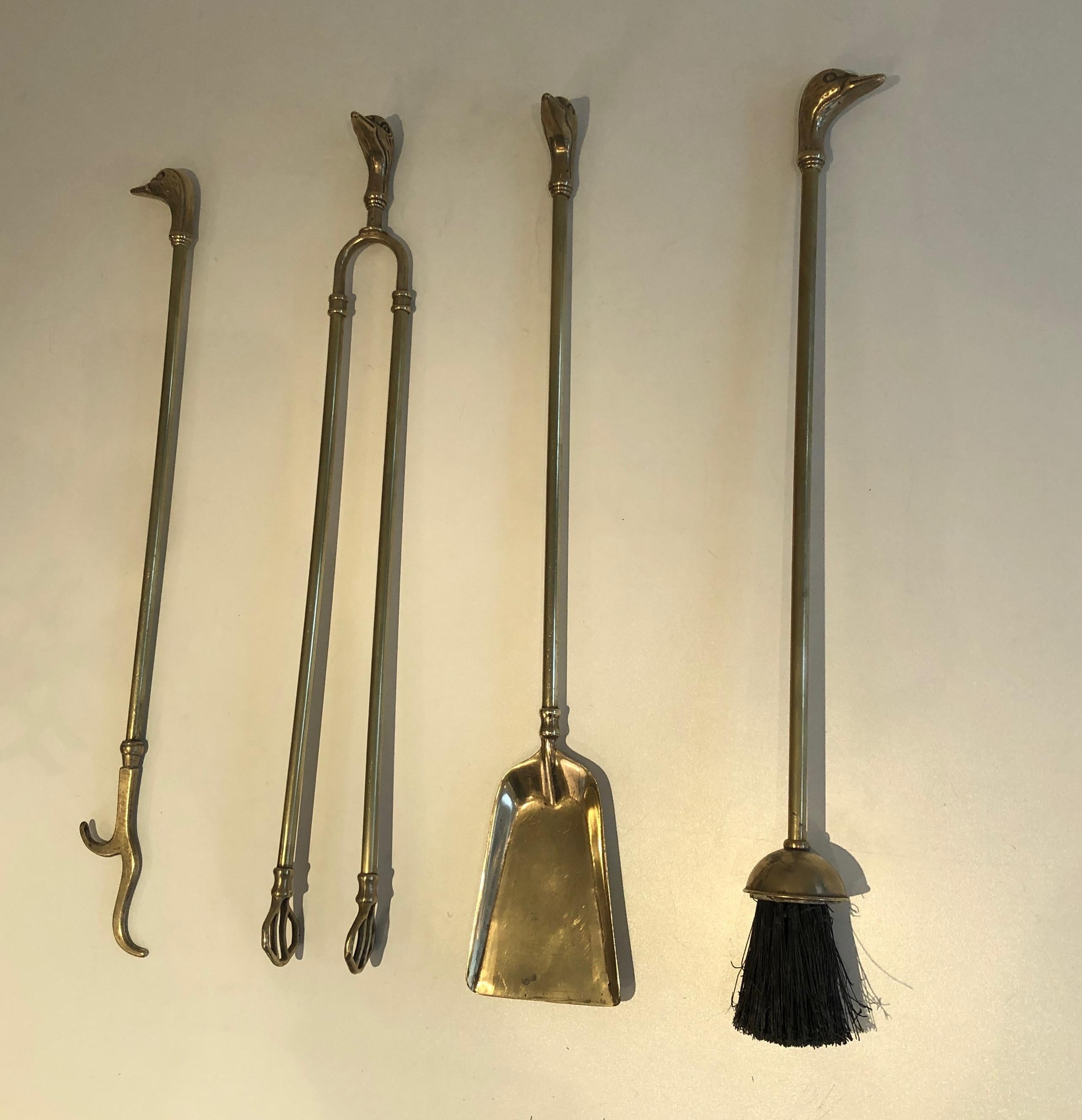Neoclassical Style Brass Duck Heads Fireplace Tools, French, circa 1970 1
