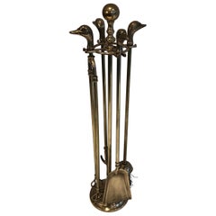 Neoclassical Style Brass Duck Heads Fireplace Tools, French, circa 1970