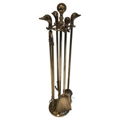 Neoclassical Style Brass Duck Heads Fireplace Tools, French, circa 1970