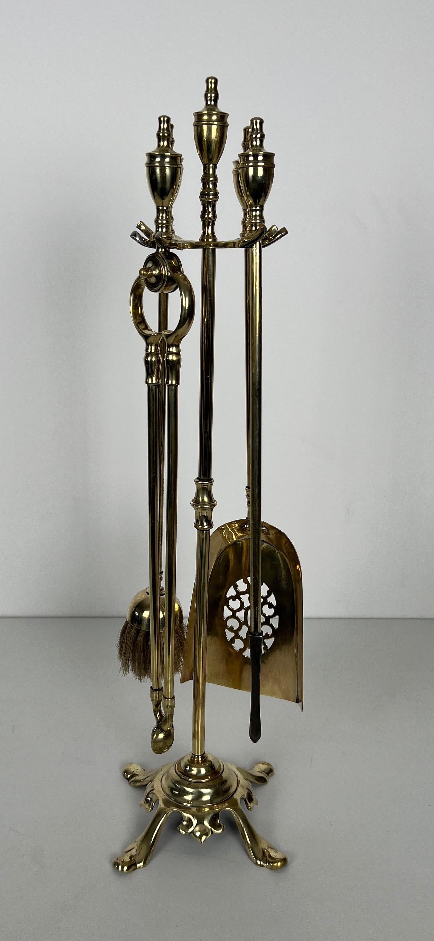 Neoclassical Style Brass Fireplace Tools on Stand For Sale 6