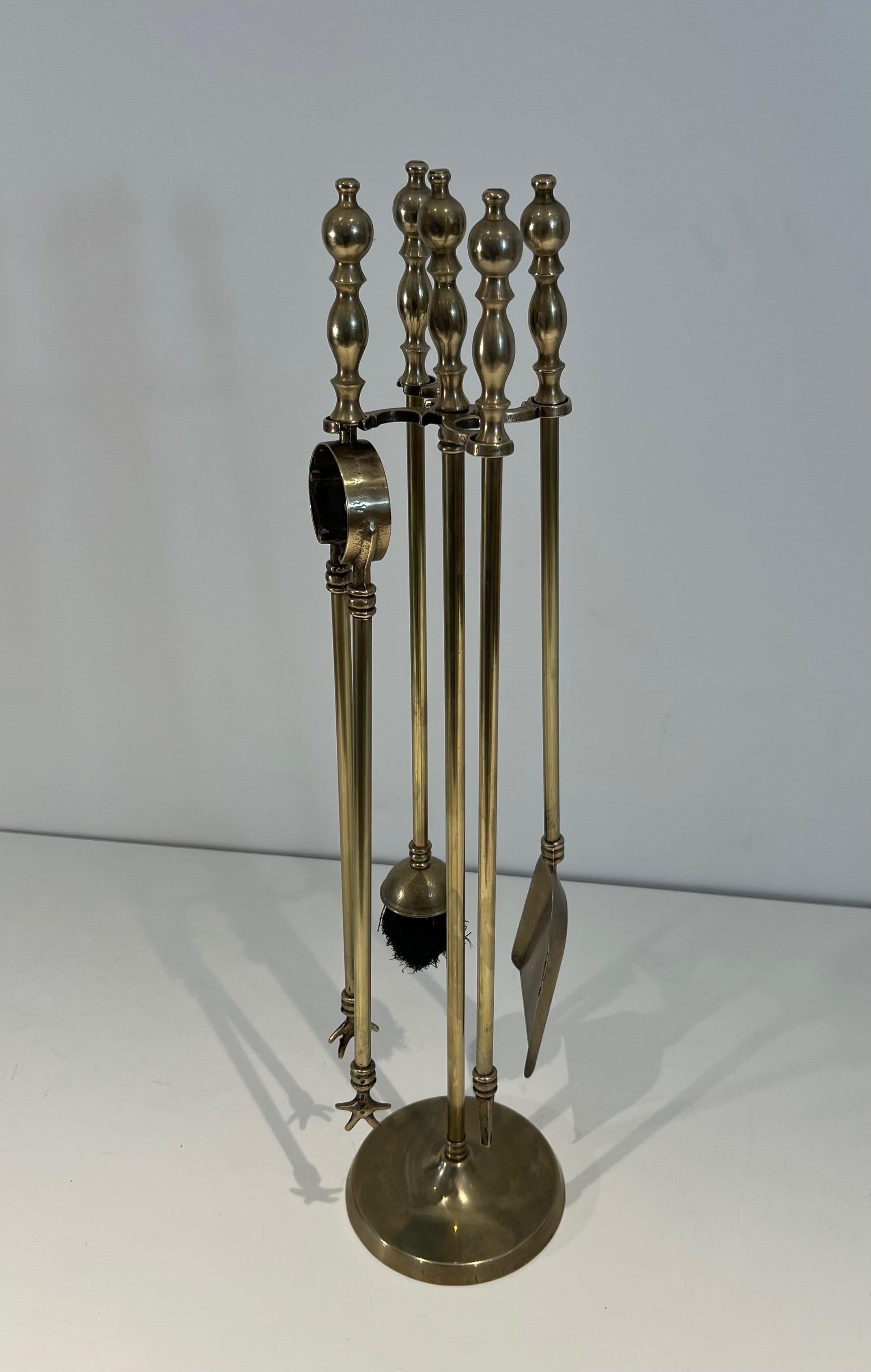 Neoclassical Style Brass Fireplace Tools on Stand For Sale 7