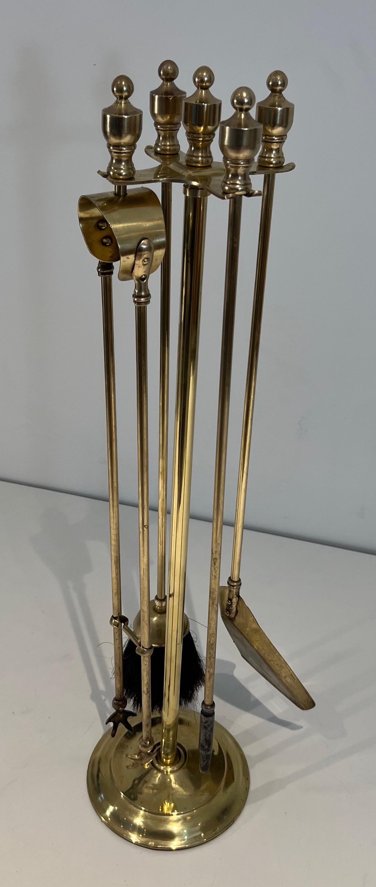 Neoclassical Style Brass Fireplace Tools on Stand For Sale 7