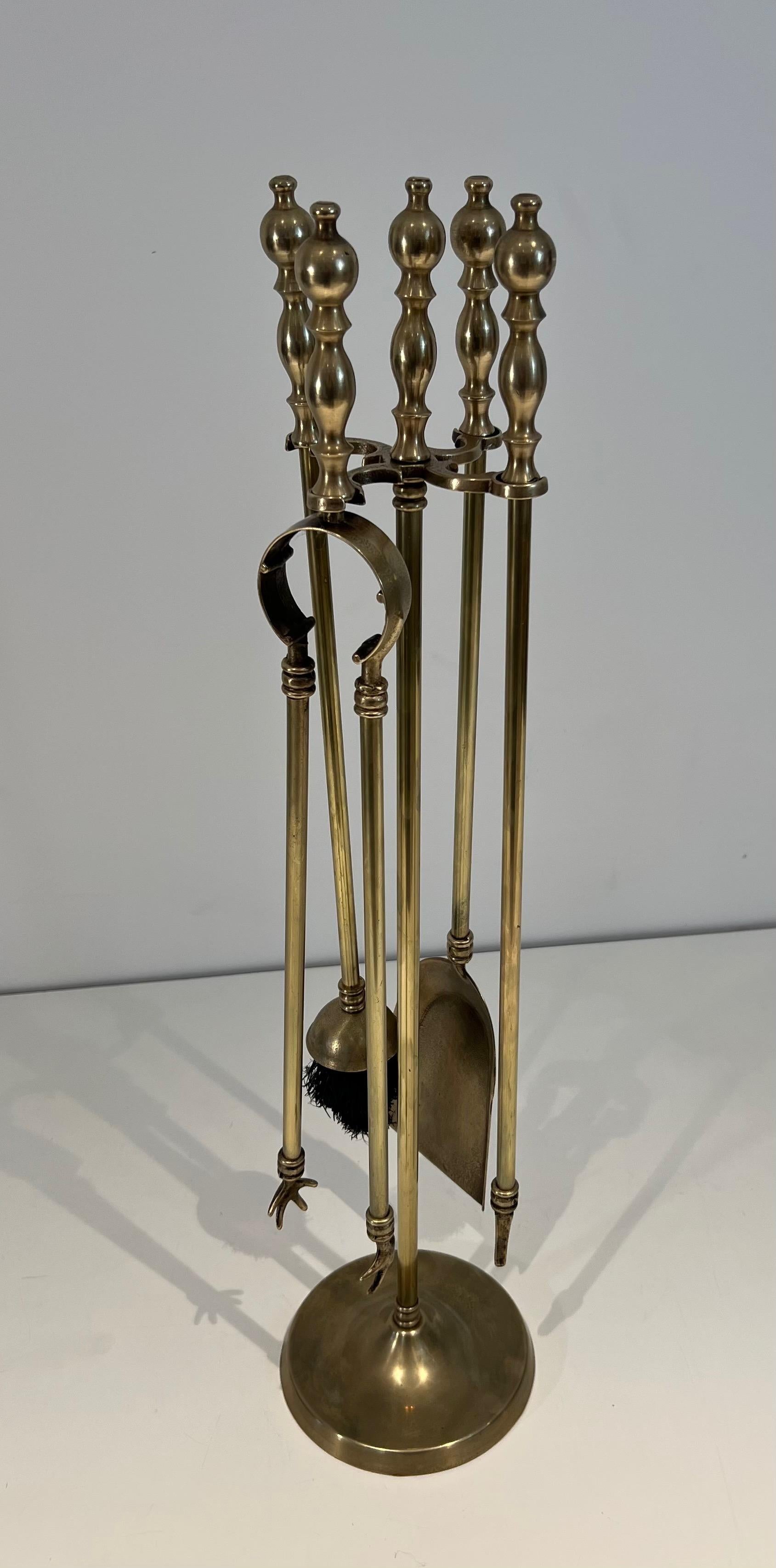 Neoclassical Style Brass Fireplace Tools on Stand For Sale 13