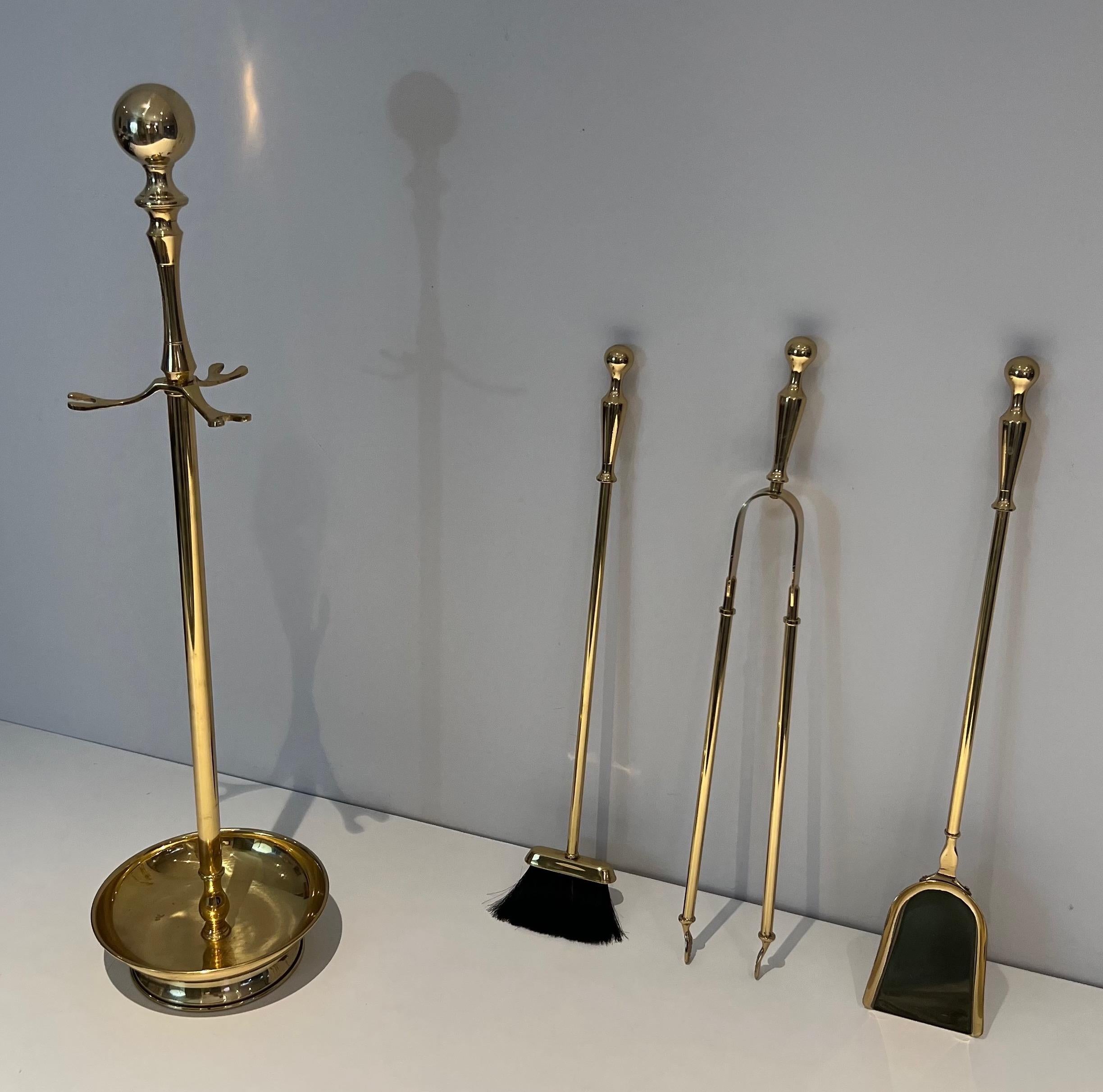 French Neoclassical Style Brass Fireplace Tools on Stand For Sale