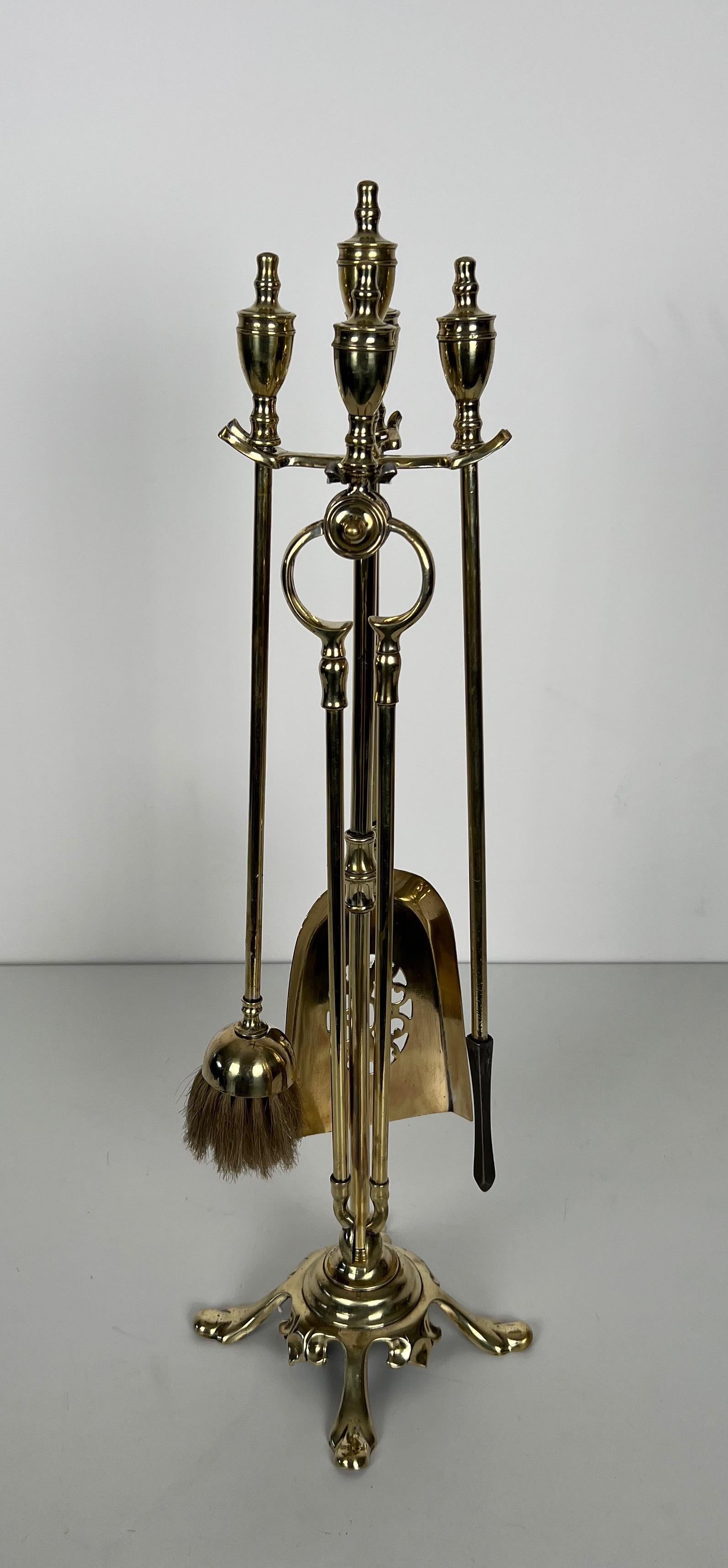 French Neoclassical Style Brass Fireplace Tools on Stand For Sale