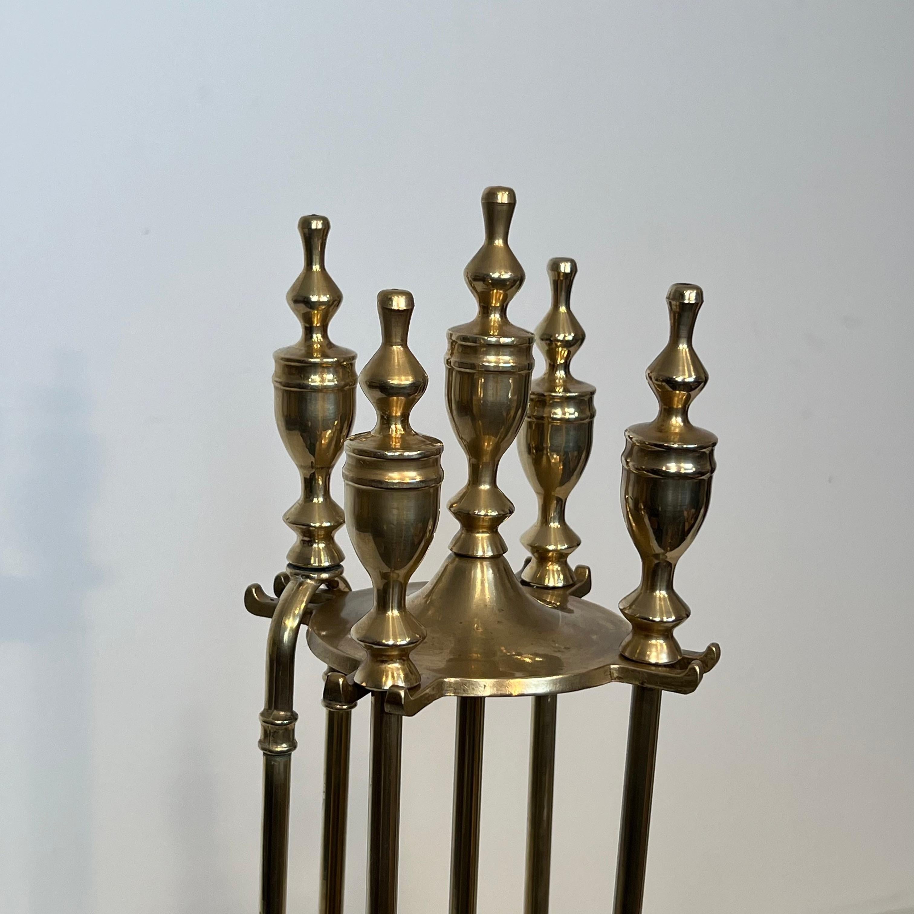 Francese Neoclassical Style Brass Fireplace Tools on Stand in vendita