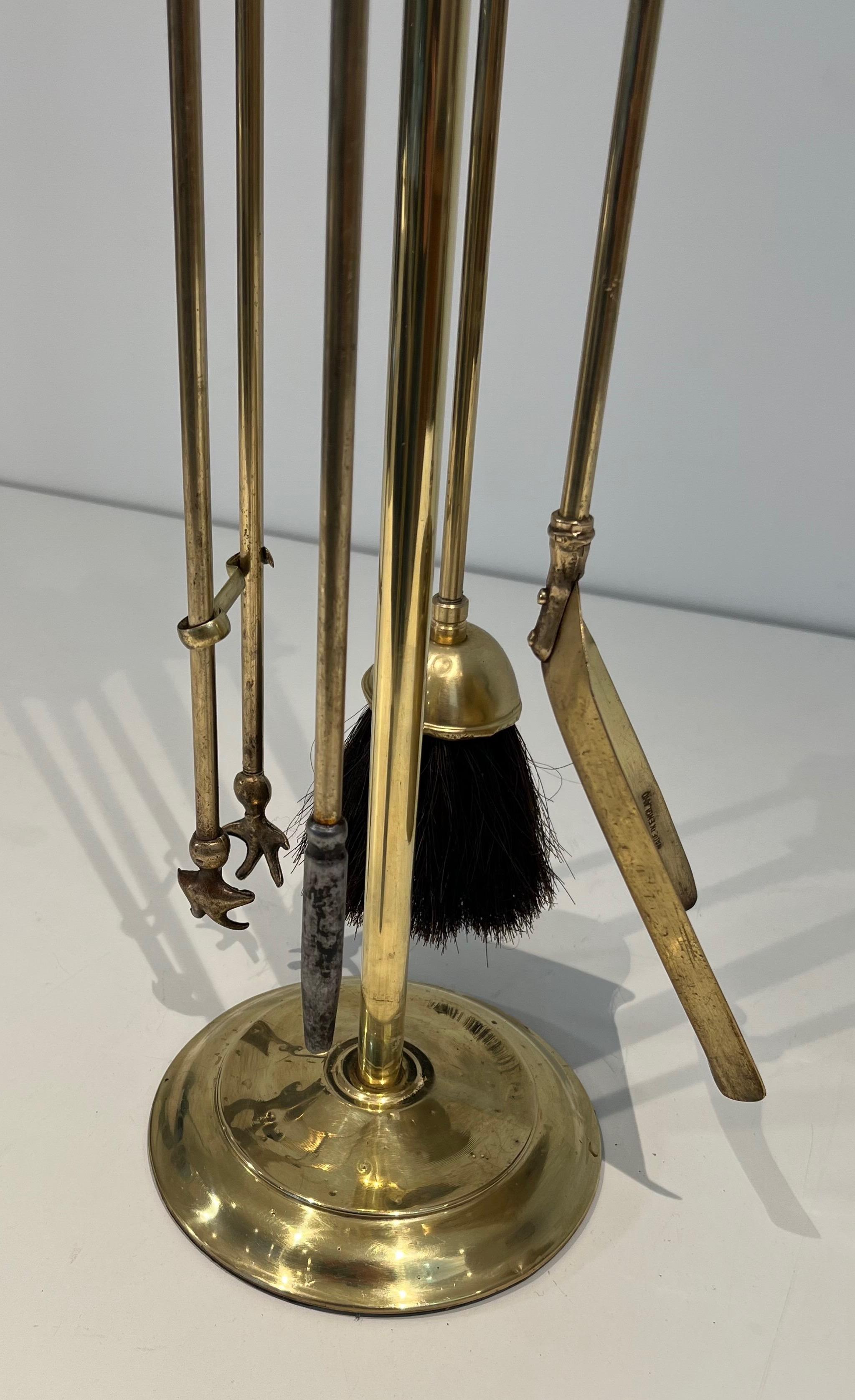 Late 20th Century Neoclassical Style Brass Fireplace Tools on Stand For Sale