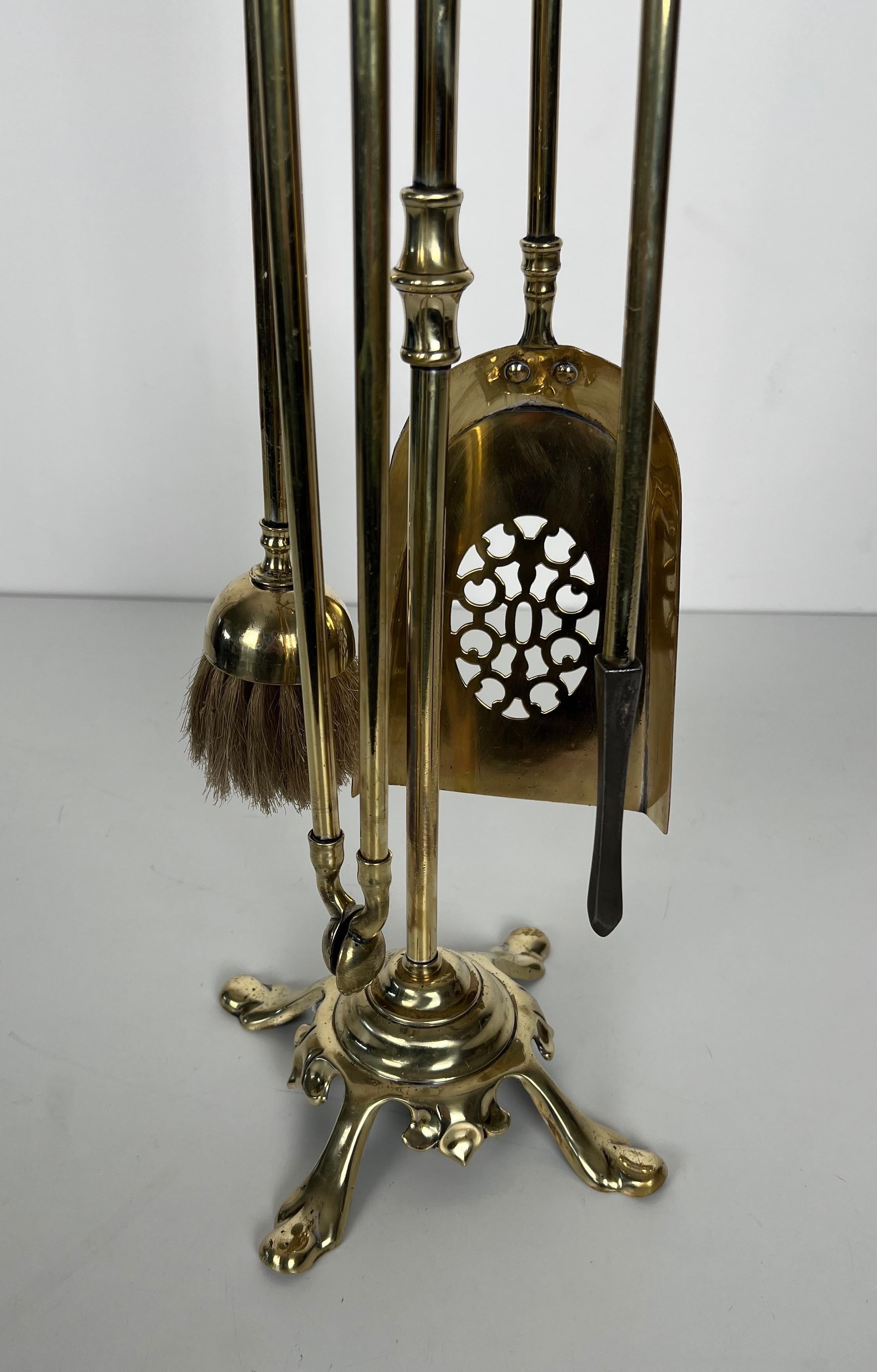 Mid-20th Century Neoclassical Style Brass Fireplace Tools on Stand For Sale