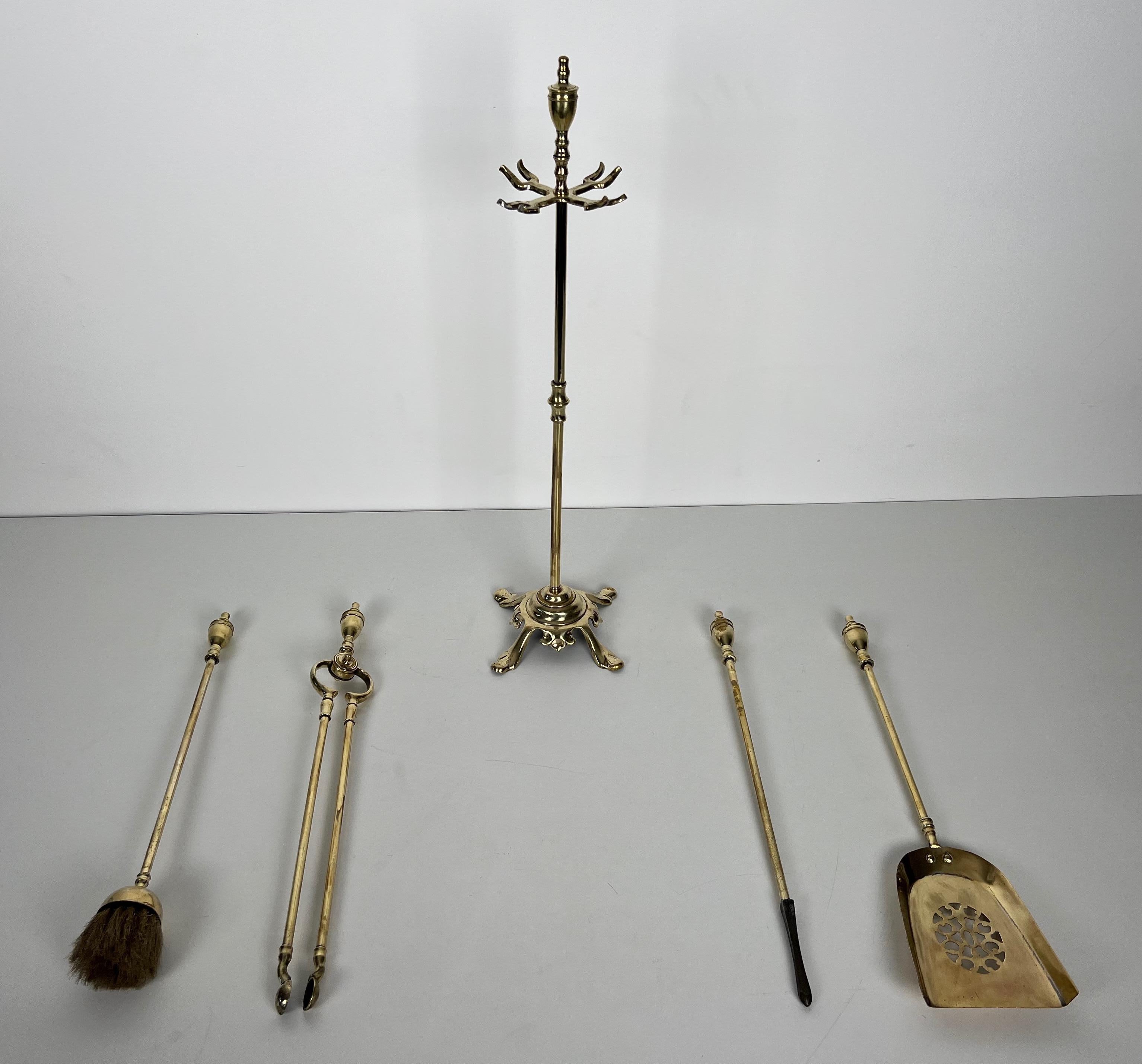Neoclassical Style Brass Fireplace Tools on Stand For Sale 1
