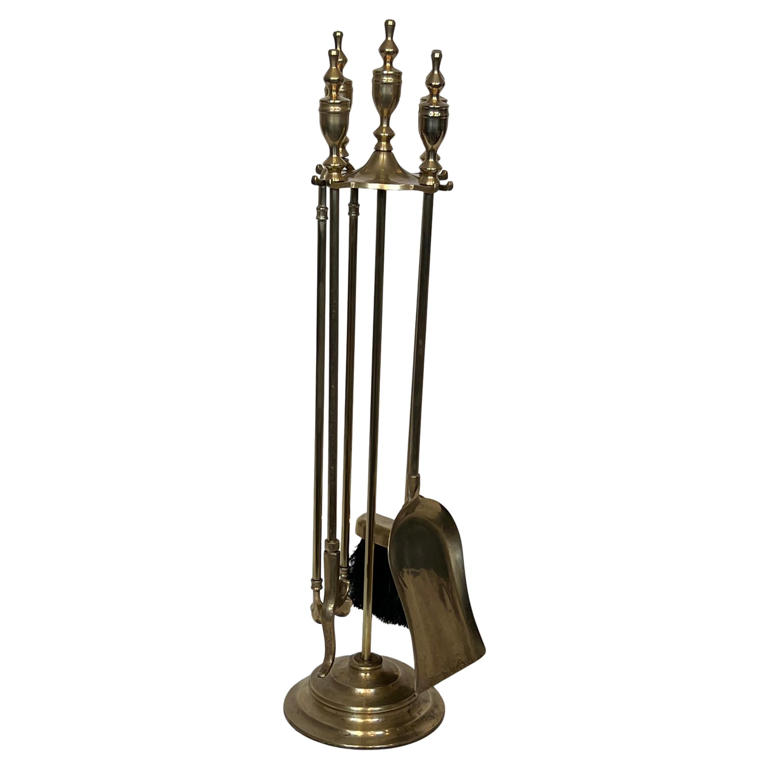 Neoclassical Style Brass Fireplace Tools on Stand