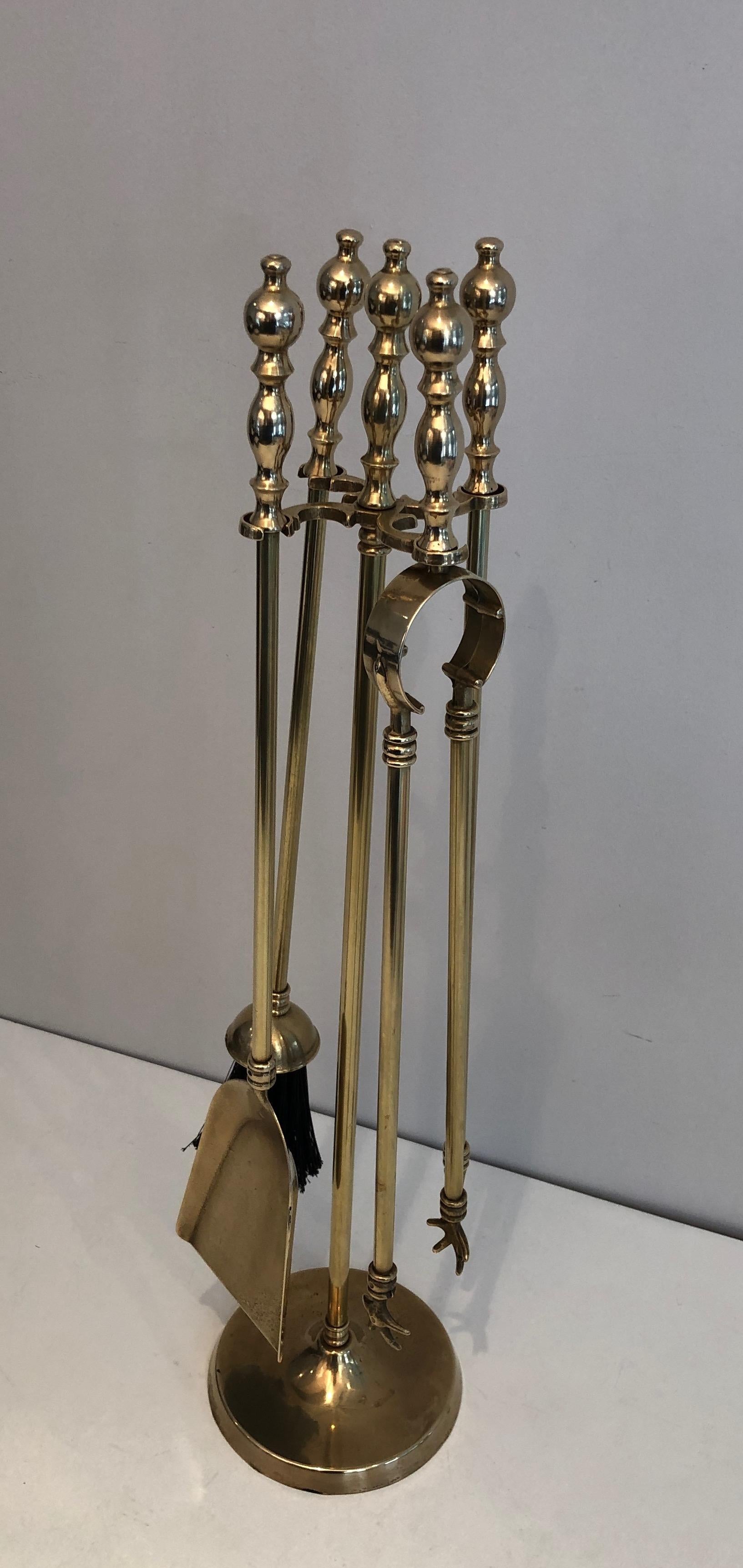 Neoclassical Style Brass Fireplace Tools on Stand, French, Circa 1970 8