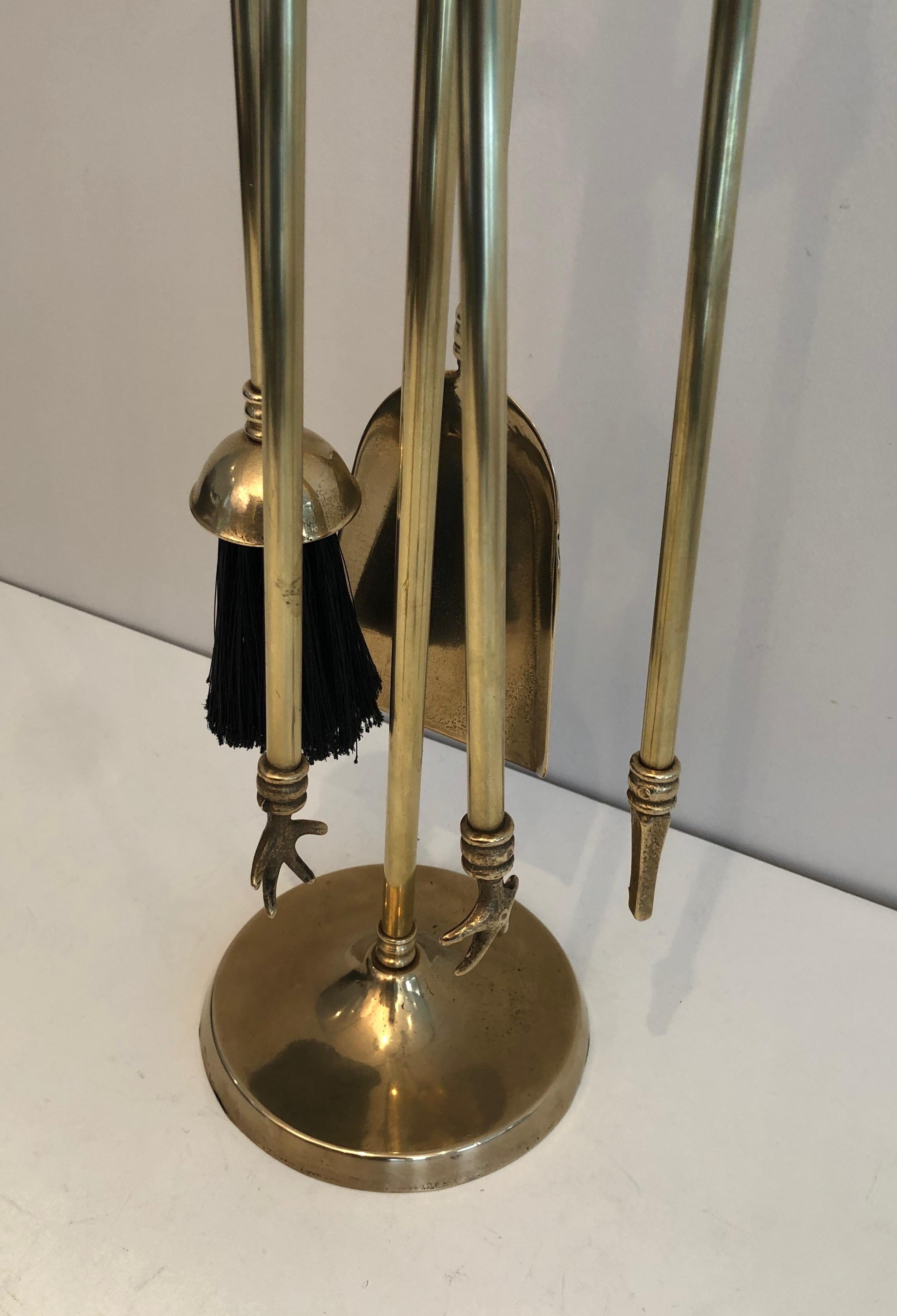 Neoclassical Style Brass Fireplace Tools on Stand, French, Circa 1970 11