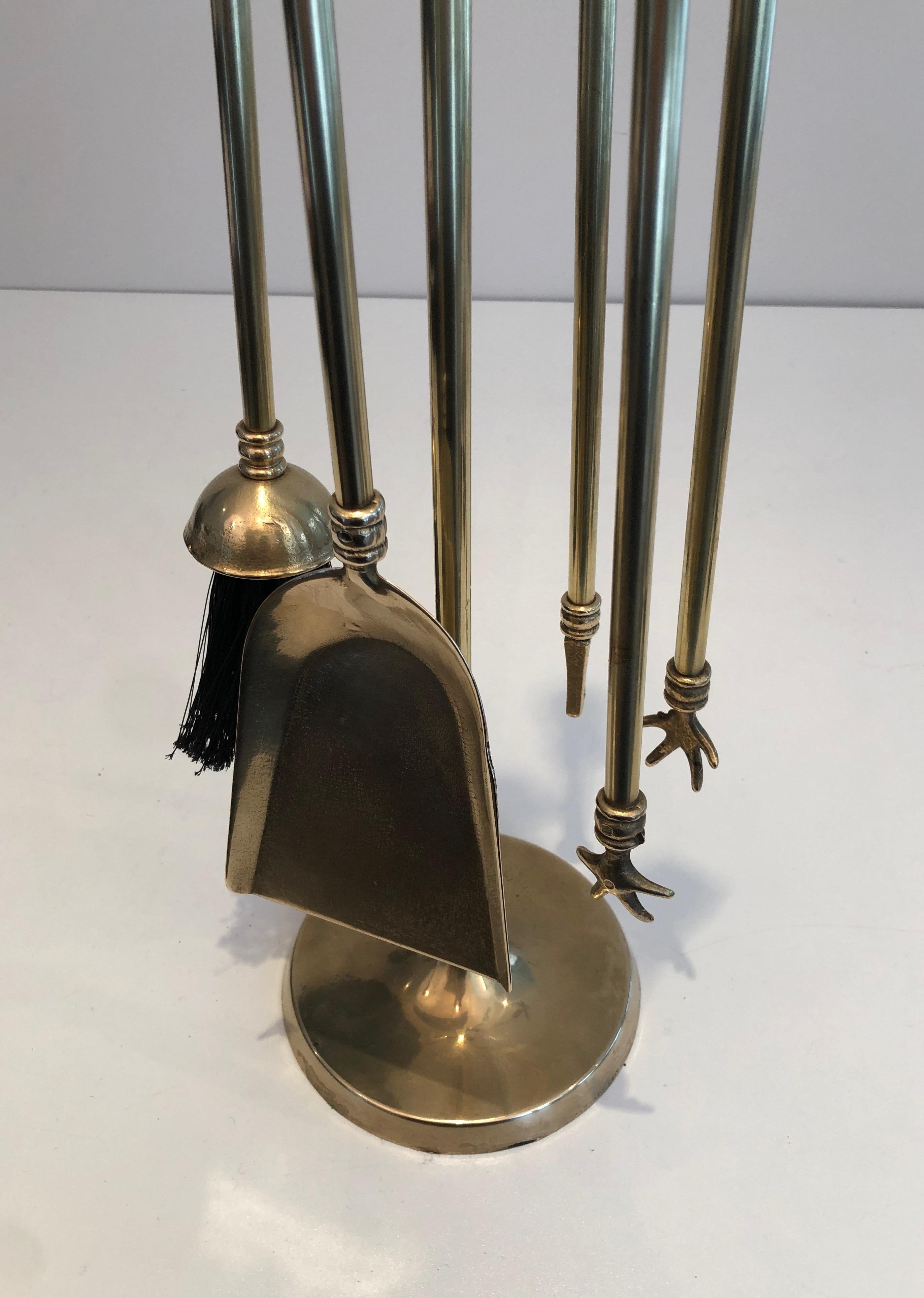 Neoclassical Style Brass Fireplace Tools on Stand, French, Circa 1970 In Good Condition In Marcq-en-Barœul, Hauts-de-France