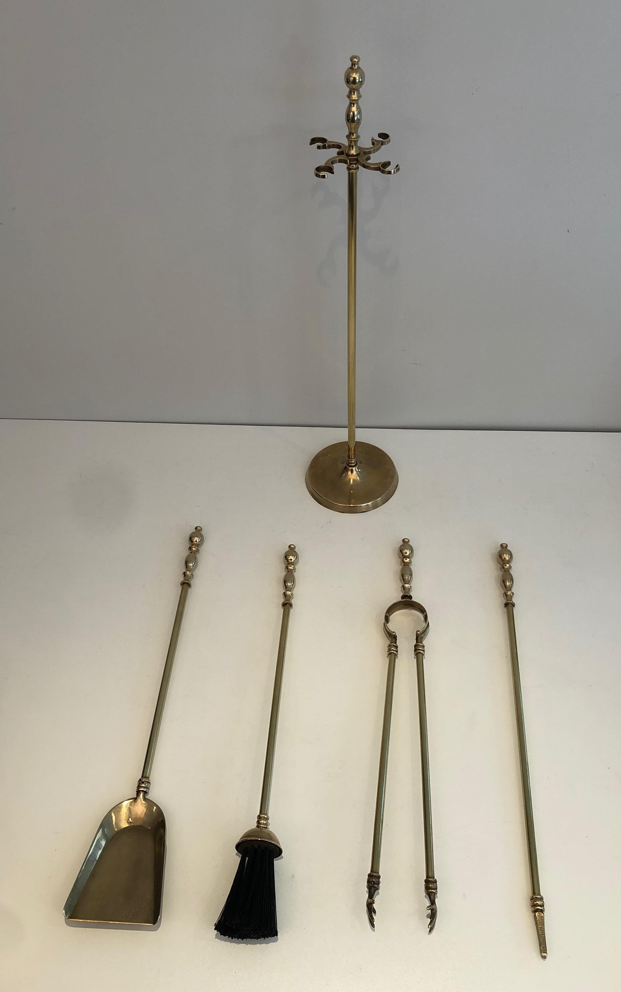 Late 20th Century Neoclassical Style Brass Fireplace Tools on Stand, French, Circa 1970