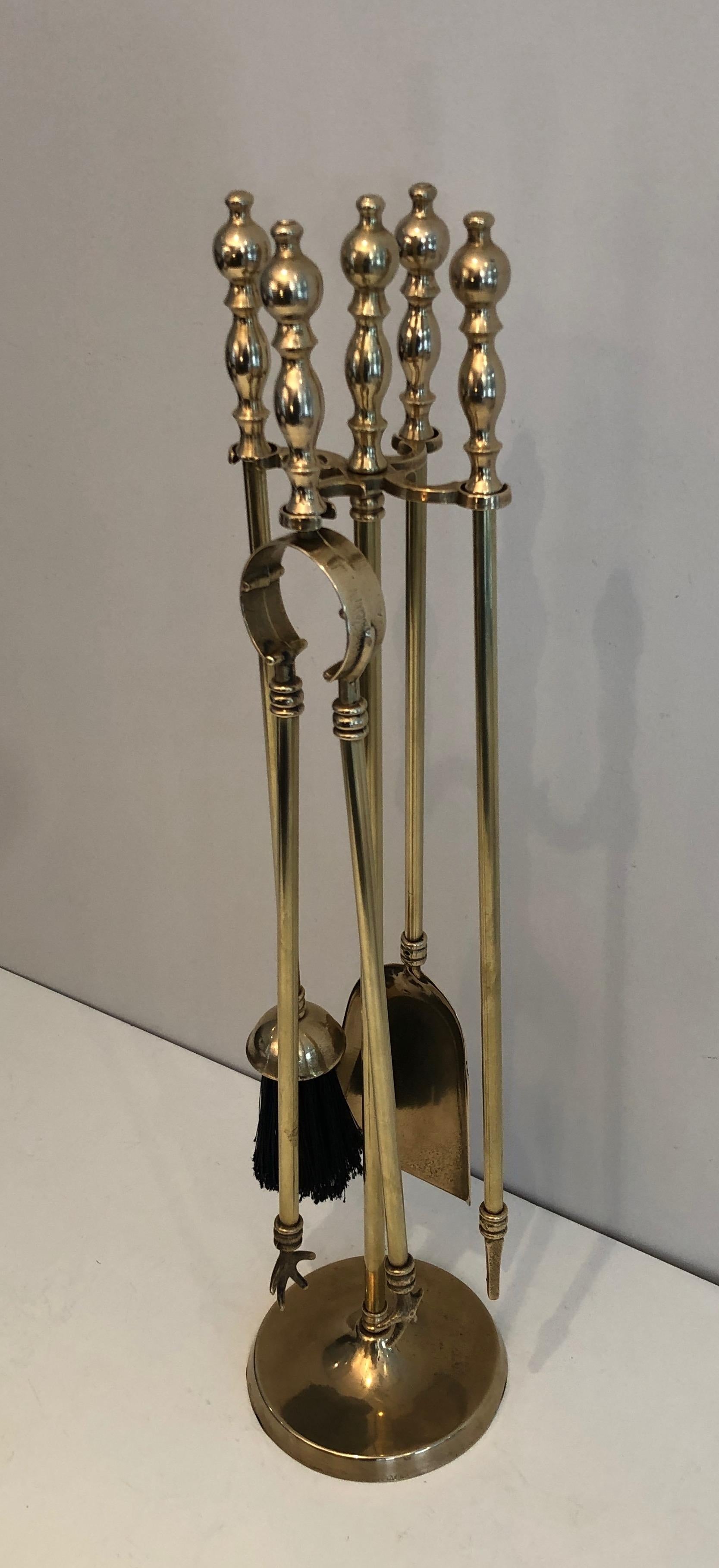 Neoclassical Style Brass Fireplace Tools on Stand, French, Circa 1970 5