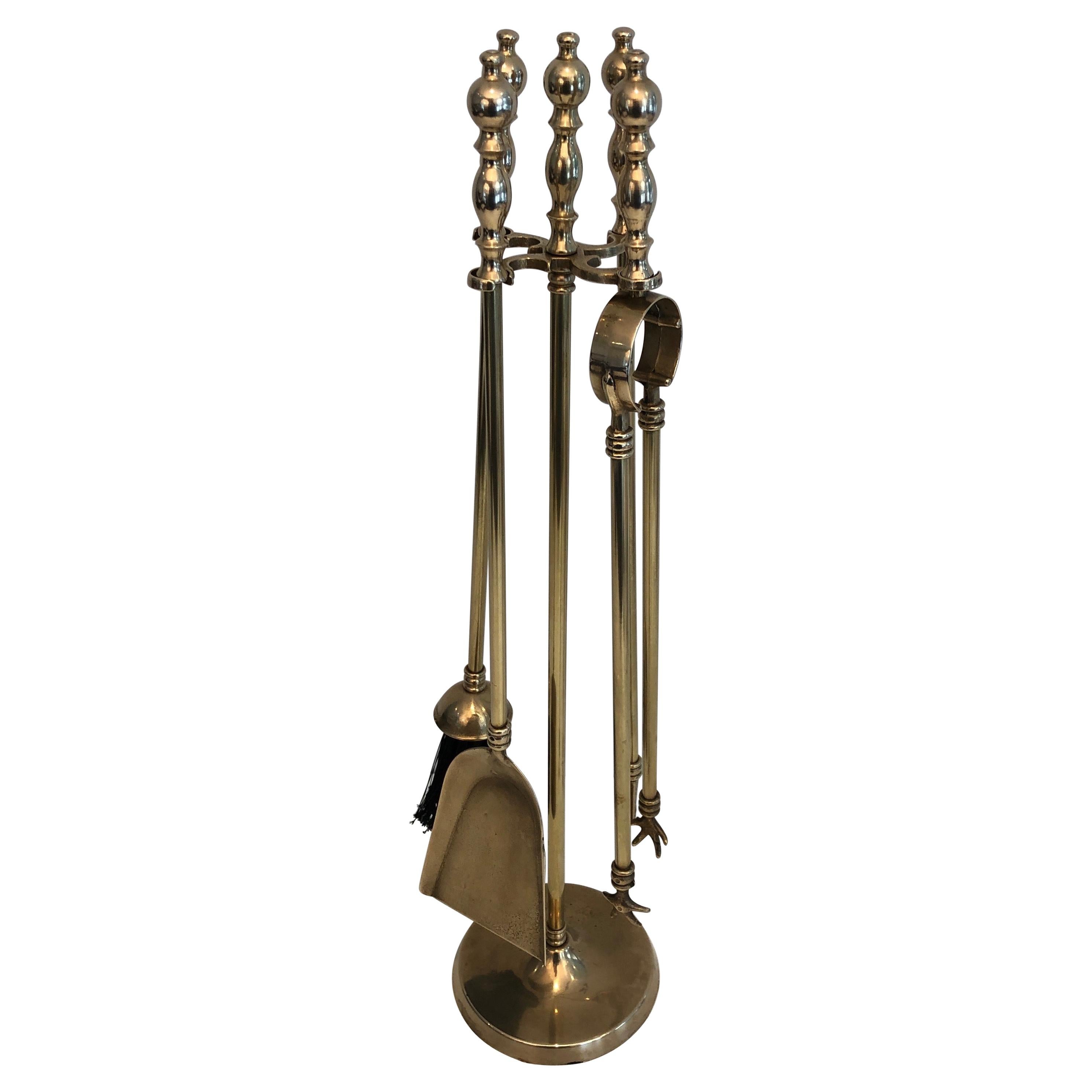 Neoclassical Style Brass Fireplace Tools on Stand, French, Circa 1970