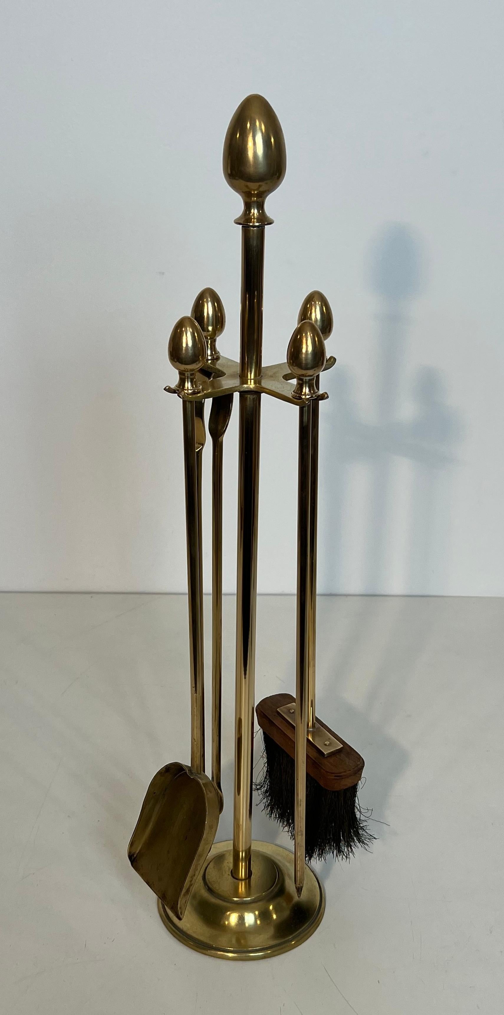 French Neoclassical Style Brass Fireplace Tools on Stand In the style of Maison Jansen For Sale