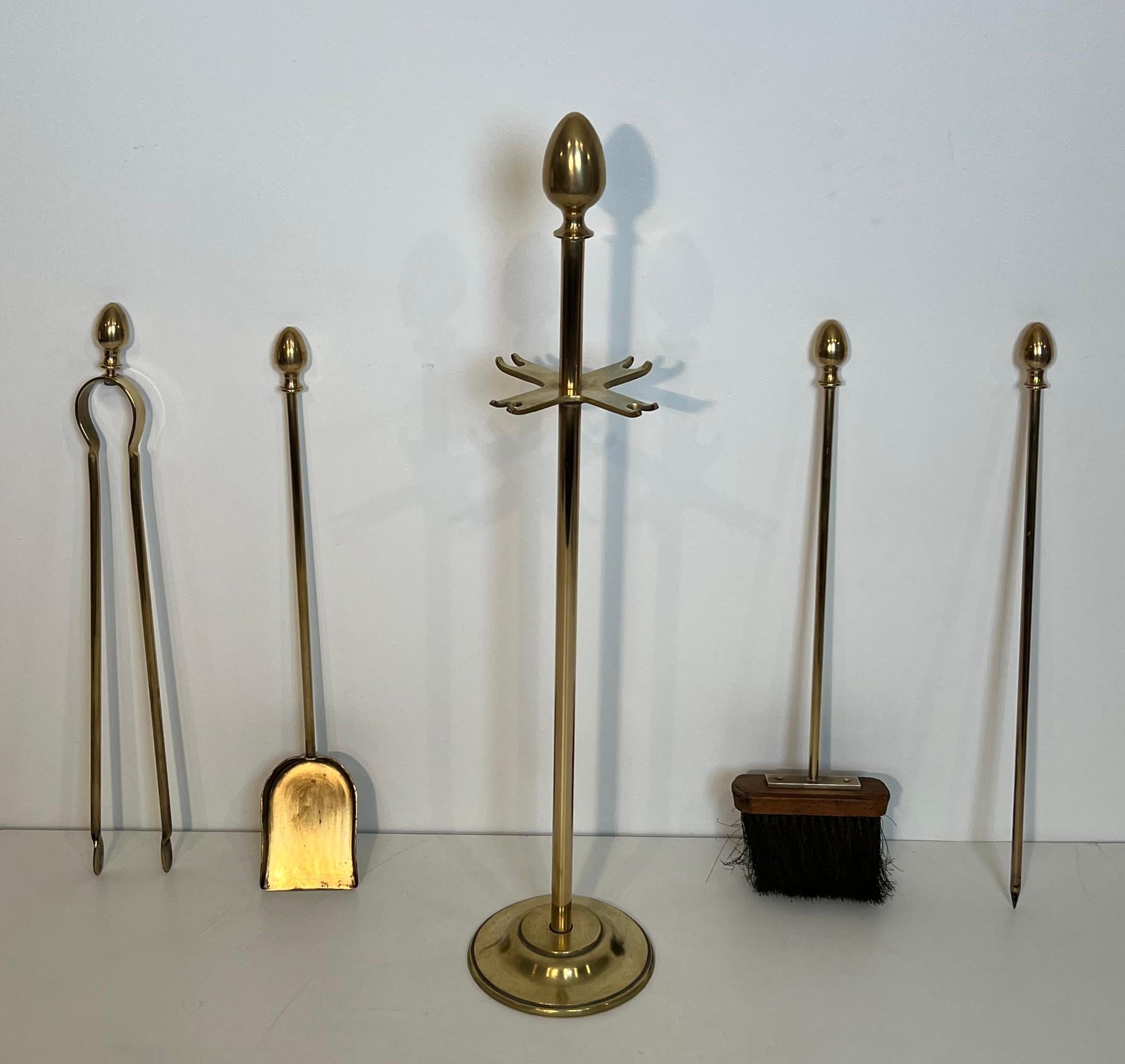 Neoclassical Style Brass Fireplace Tools on Stand In the style of Maison Jansen For Sale 1