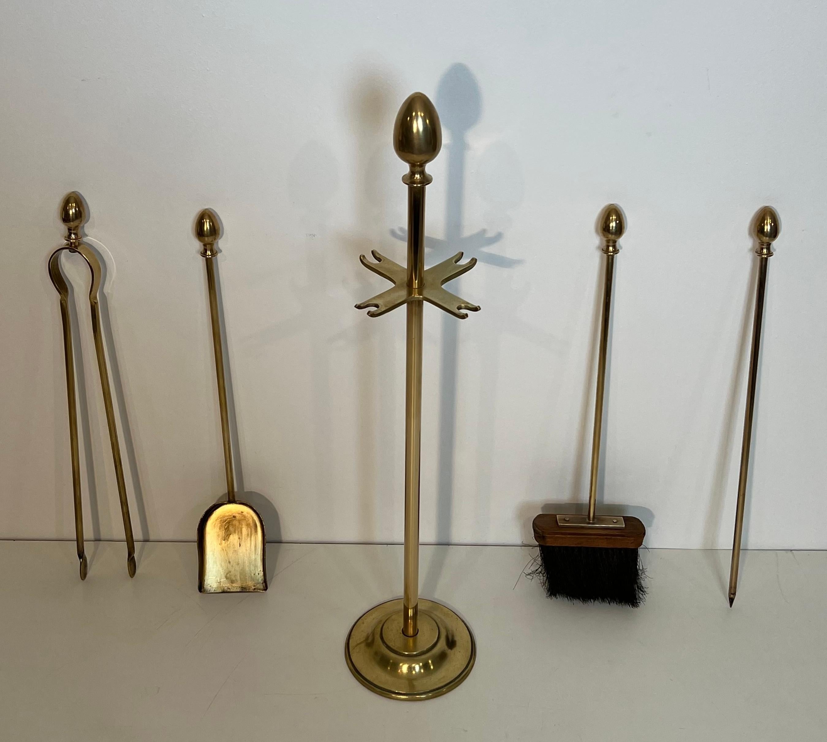 Neoclassical Style Brass Fireplace Tools on Stand In the style of Maison Jansen For Sale 2