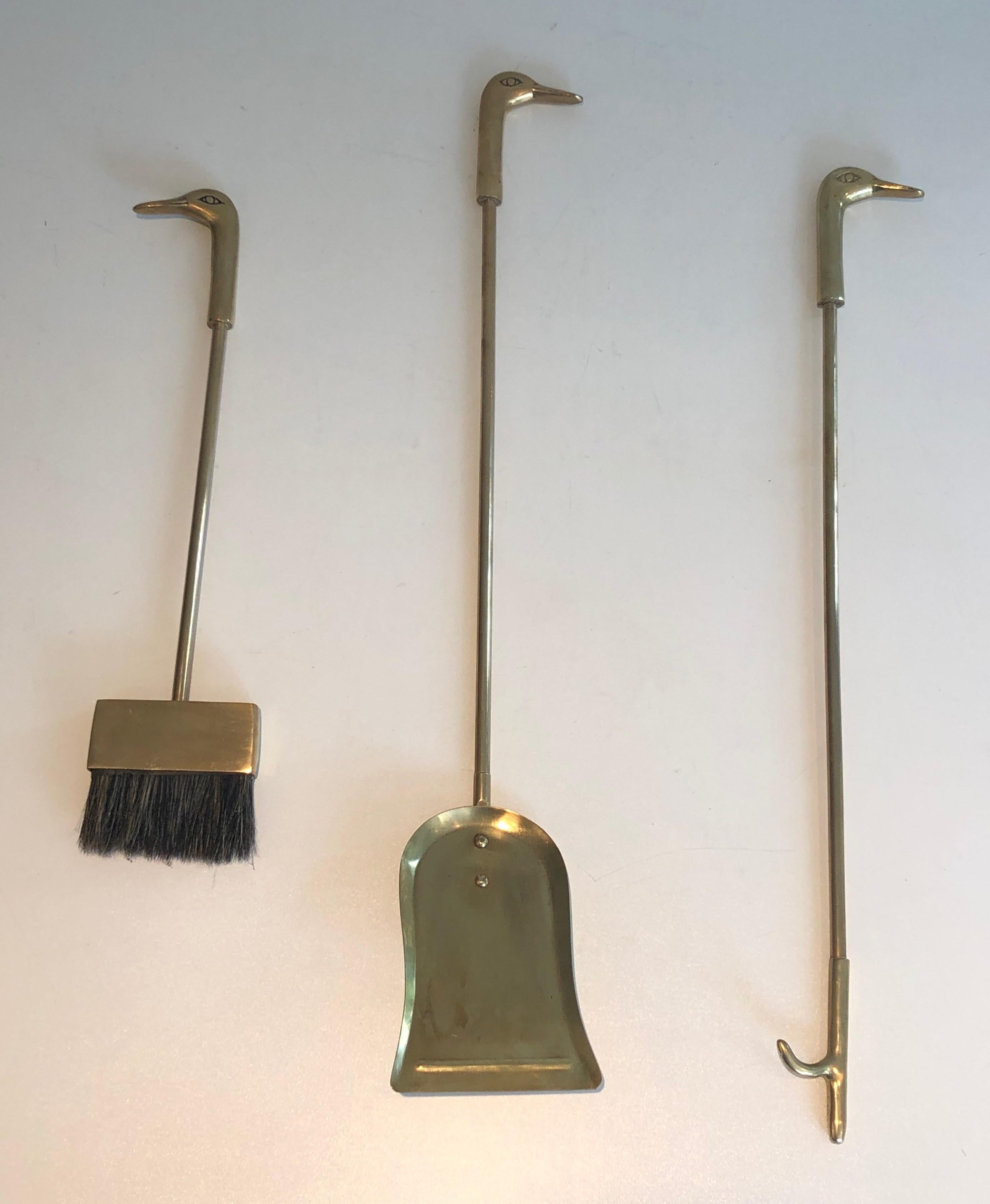 Neoclassical Style Brass Fireplace Tools with Duck Heads 3