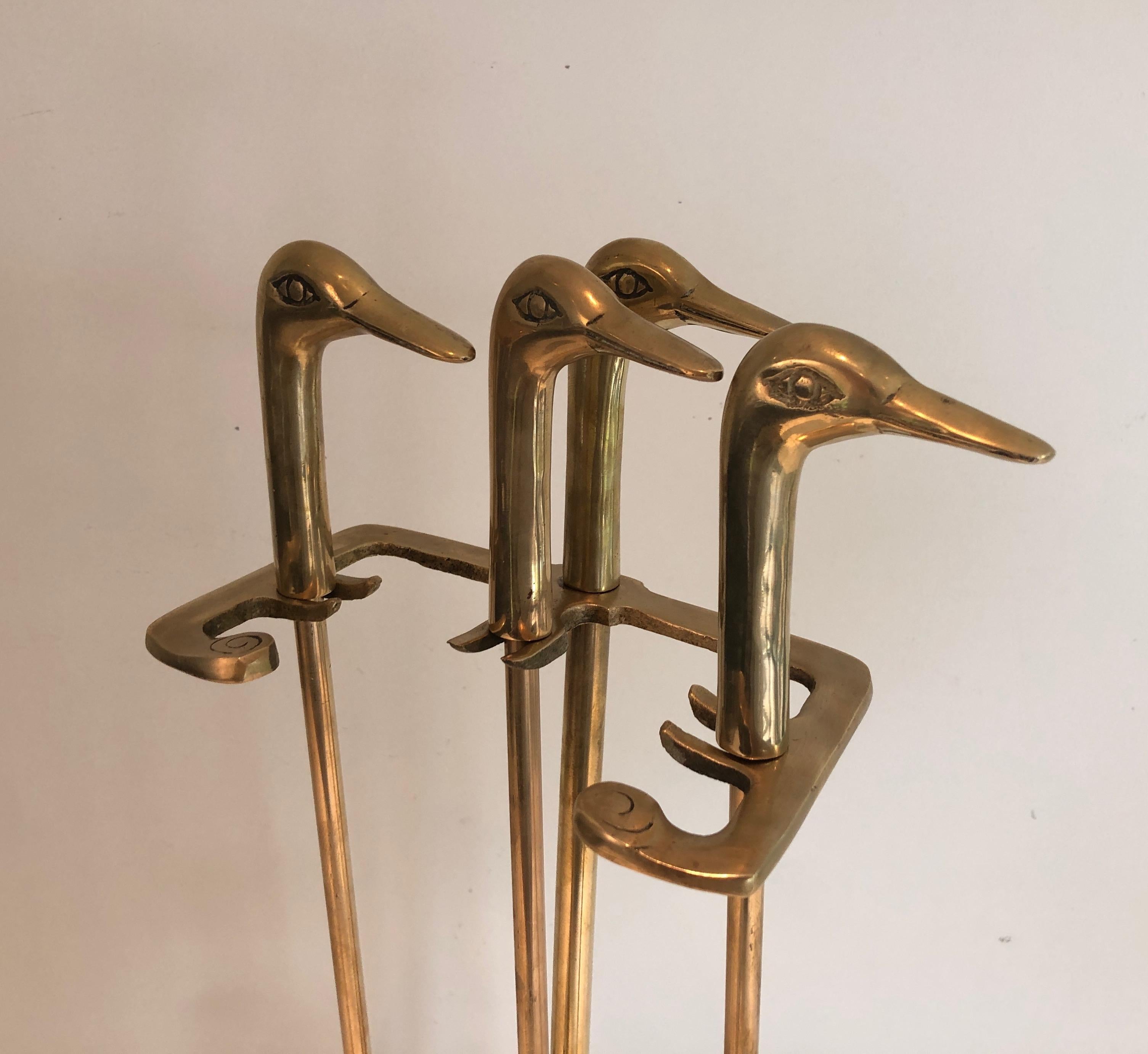 Neoclassical Style Brass Fireplace Tools with Duck Heads 7
